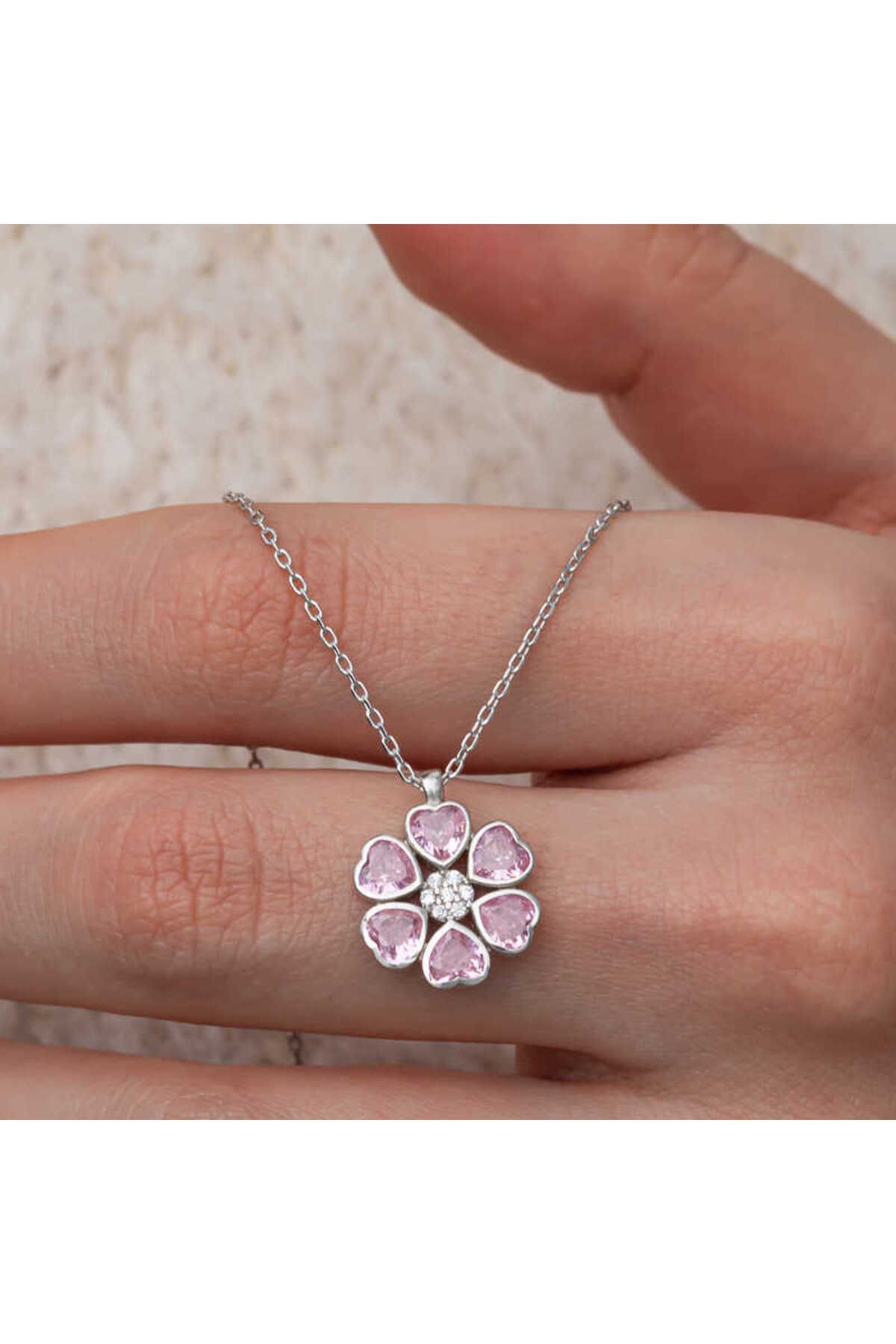 gumusdevri Gümüş Pembe Kalpli Çiçek Kadın Kolye