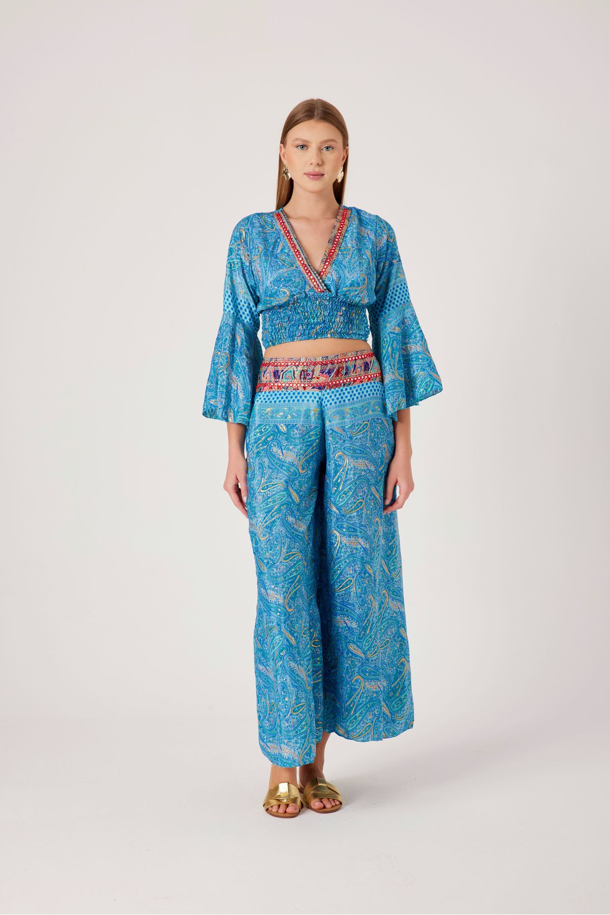T'u Collection Etnik Desenli İki Parça Yazlık Takım -Crop & Pantalon