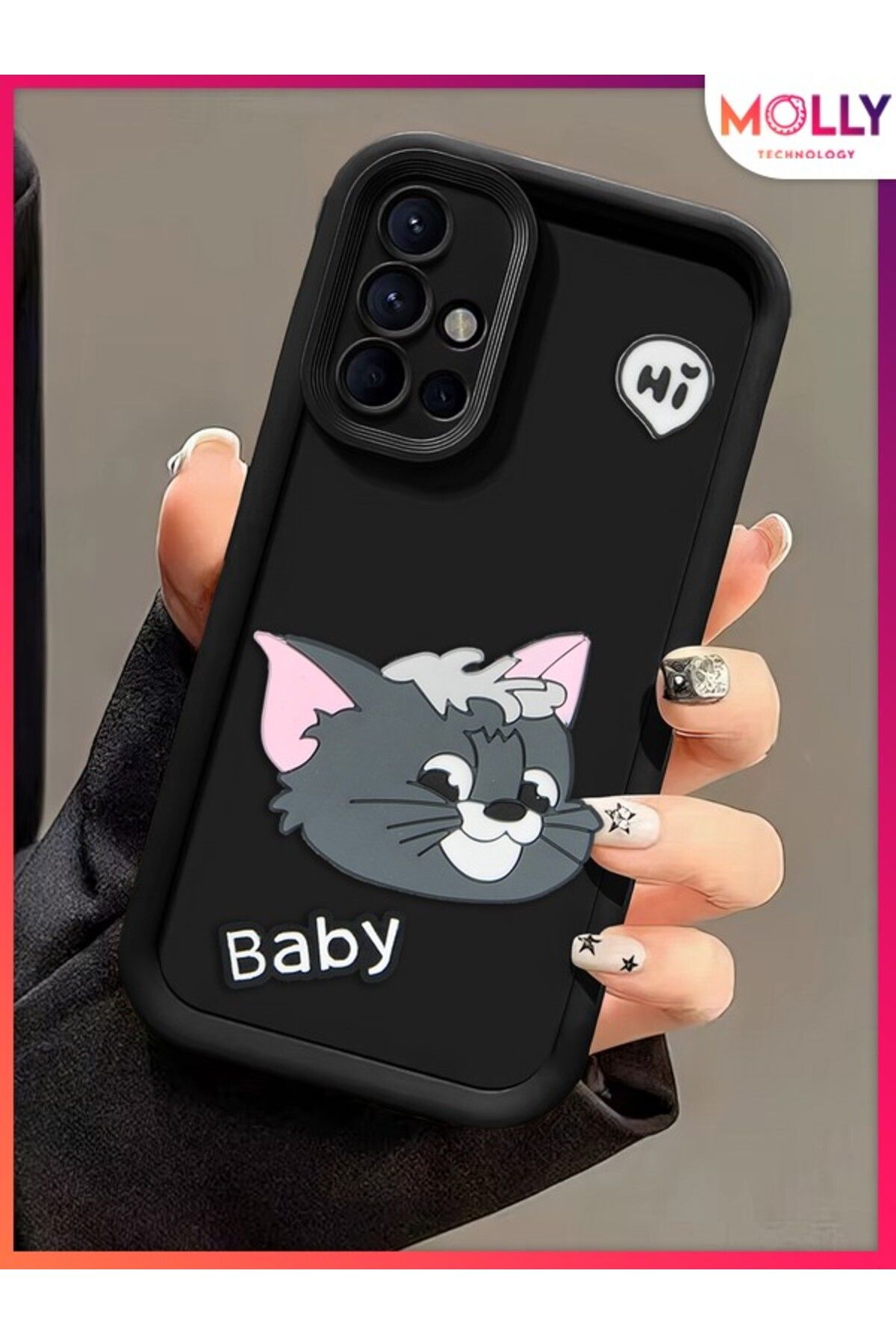 Molly Samsung Galaxy A71 İçin Siyah Kenarları Kalın 3d Kabartmalı Baby Tom Silikon Kılıf