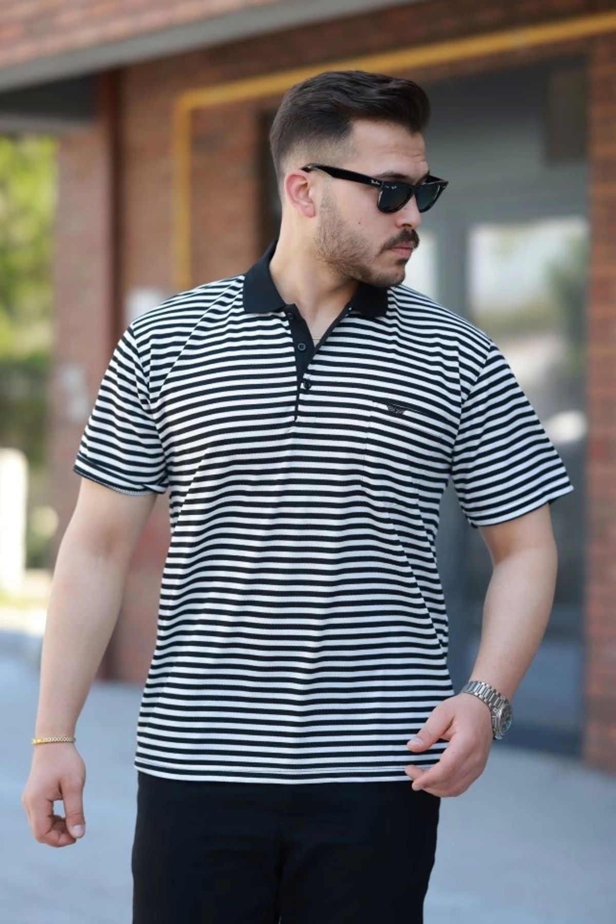 Silerra Erkek Yakalı çizgili Kısa Kollu T-shirt