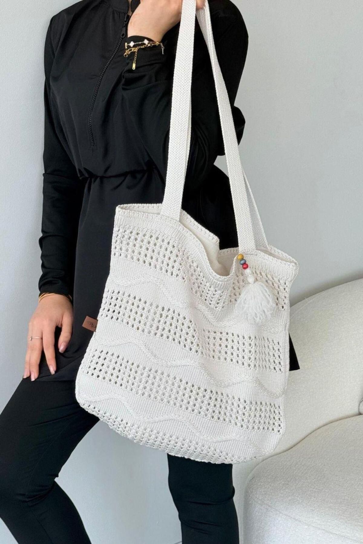 Şulemoda Giyim Dalgalı Hasır Çanta Beyaz