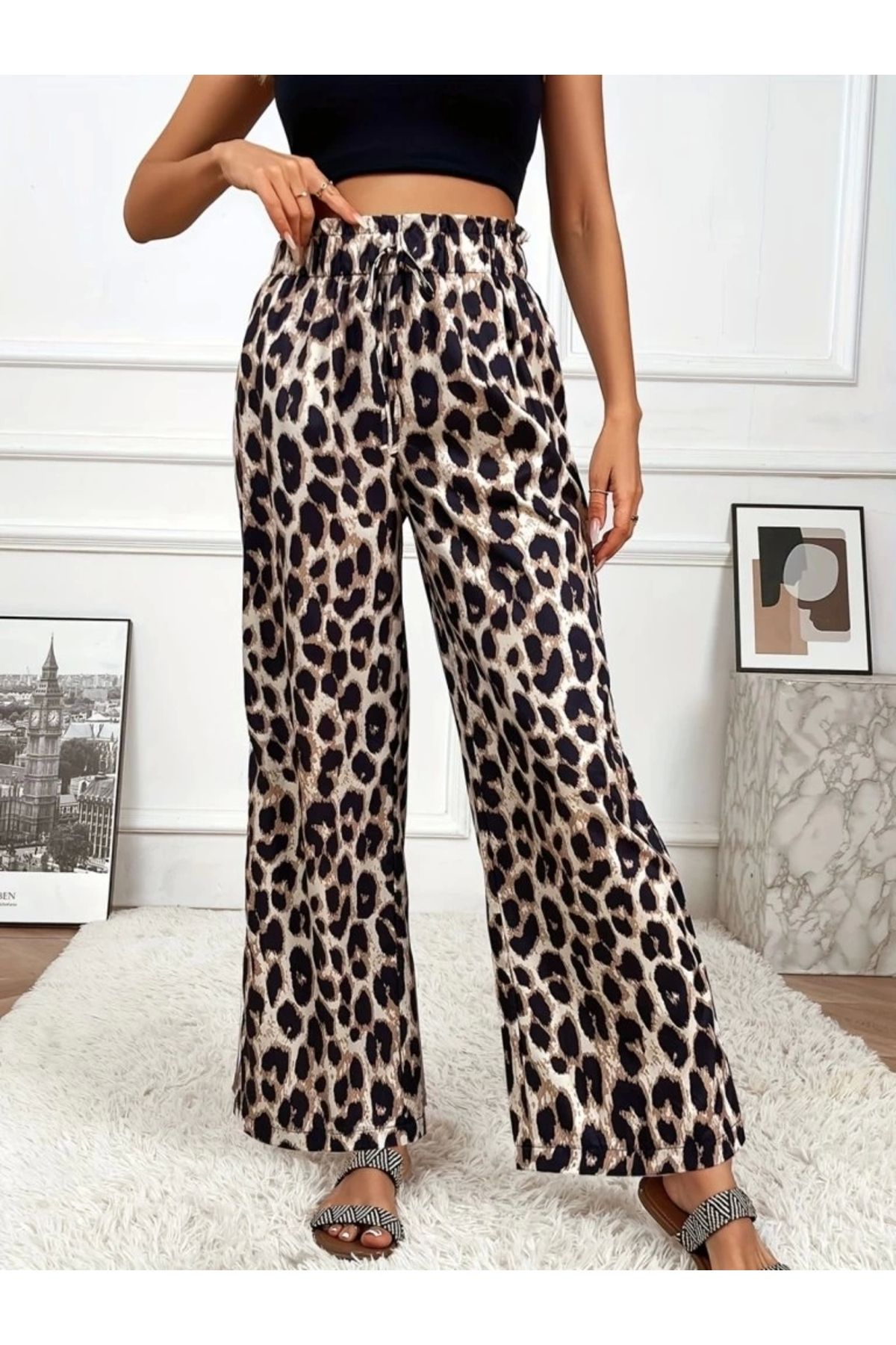 Silerra Kadın Yüksek Bel Beli Lastikli Bağcıklı Leopar Desenli Süprem Pantolon