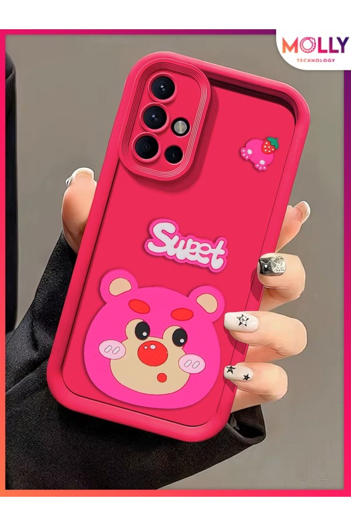 Molly Samsung Galaxy A71 İçin Magenta Kenarları Kalın 3d Kabartmalı Çilek Ayı Silikon Kılıf