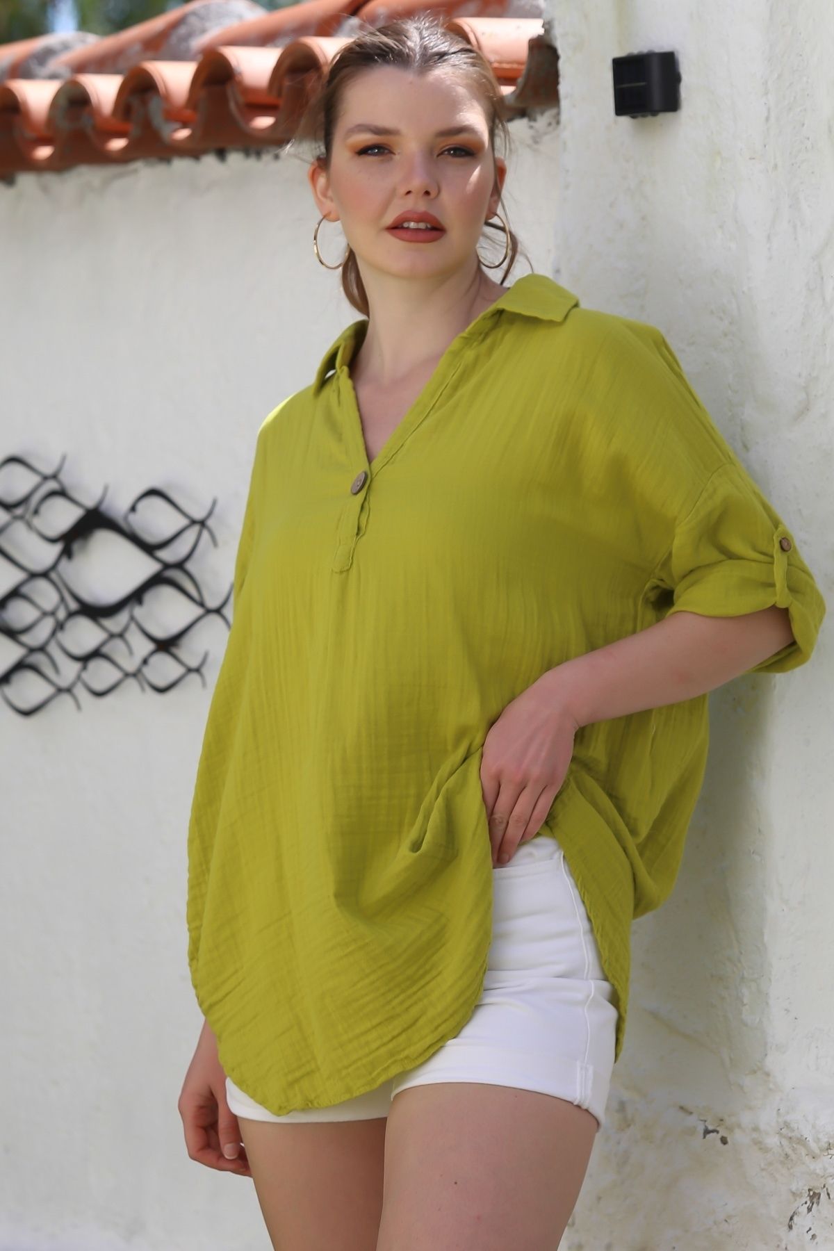 Chiccy Limon Küfü Rengi Gömlek Yaka Düğmeli 3/4 Kol Düğmeli Casual Müslin Oversize Dokuma Bluz 75 68