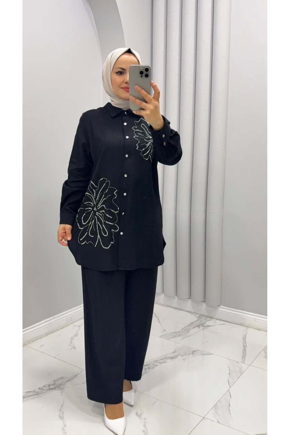 ERVA Çilek Kumaş Taş Detaylı İkili Tesettür Takım