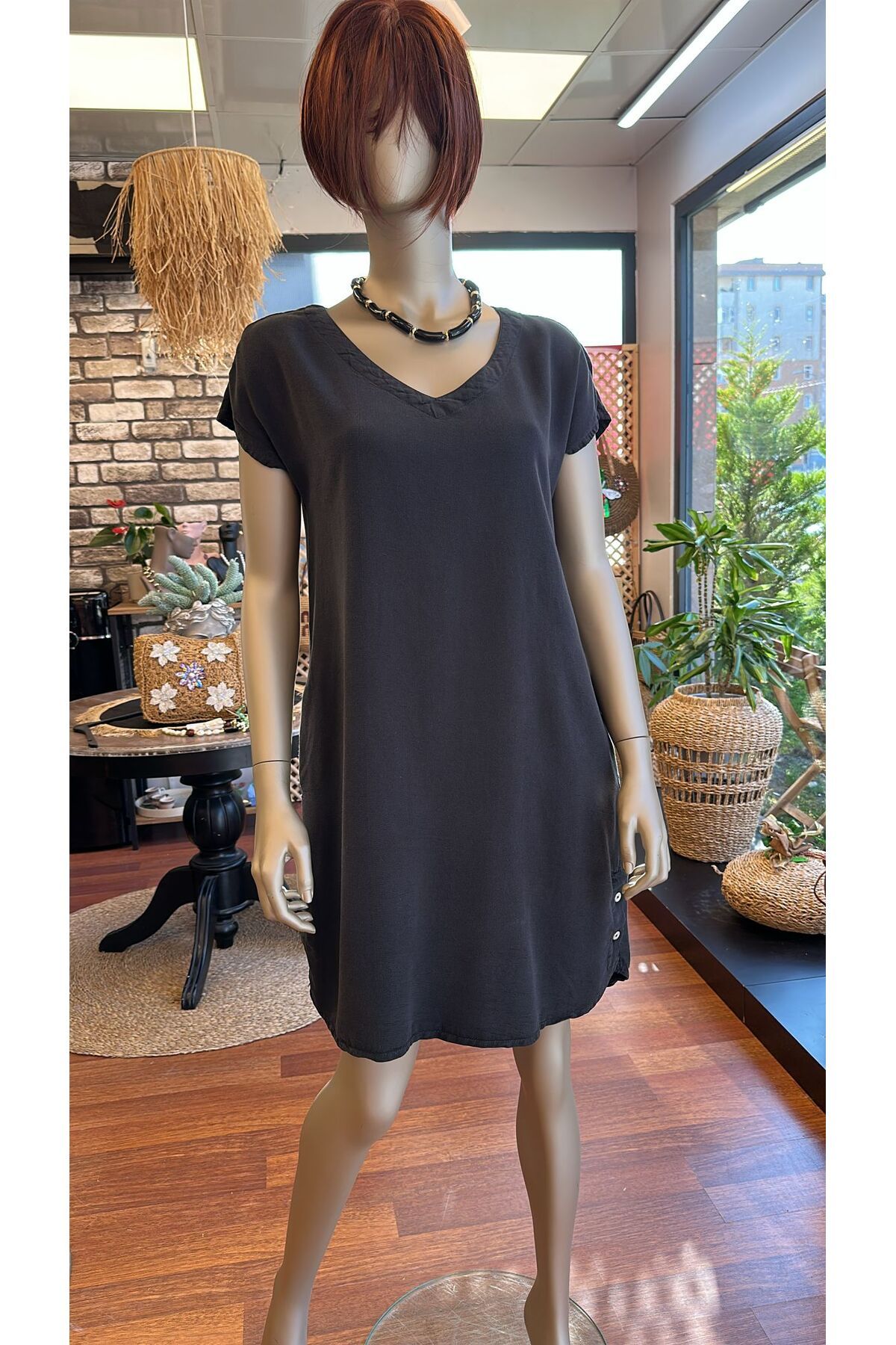 DOLCE QUEEN Kadın V Yaka Kısa Kollu Elbise (Tencel)