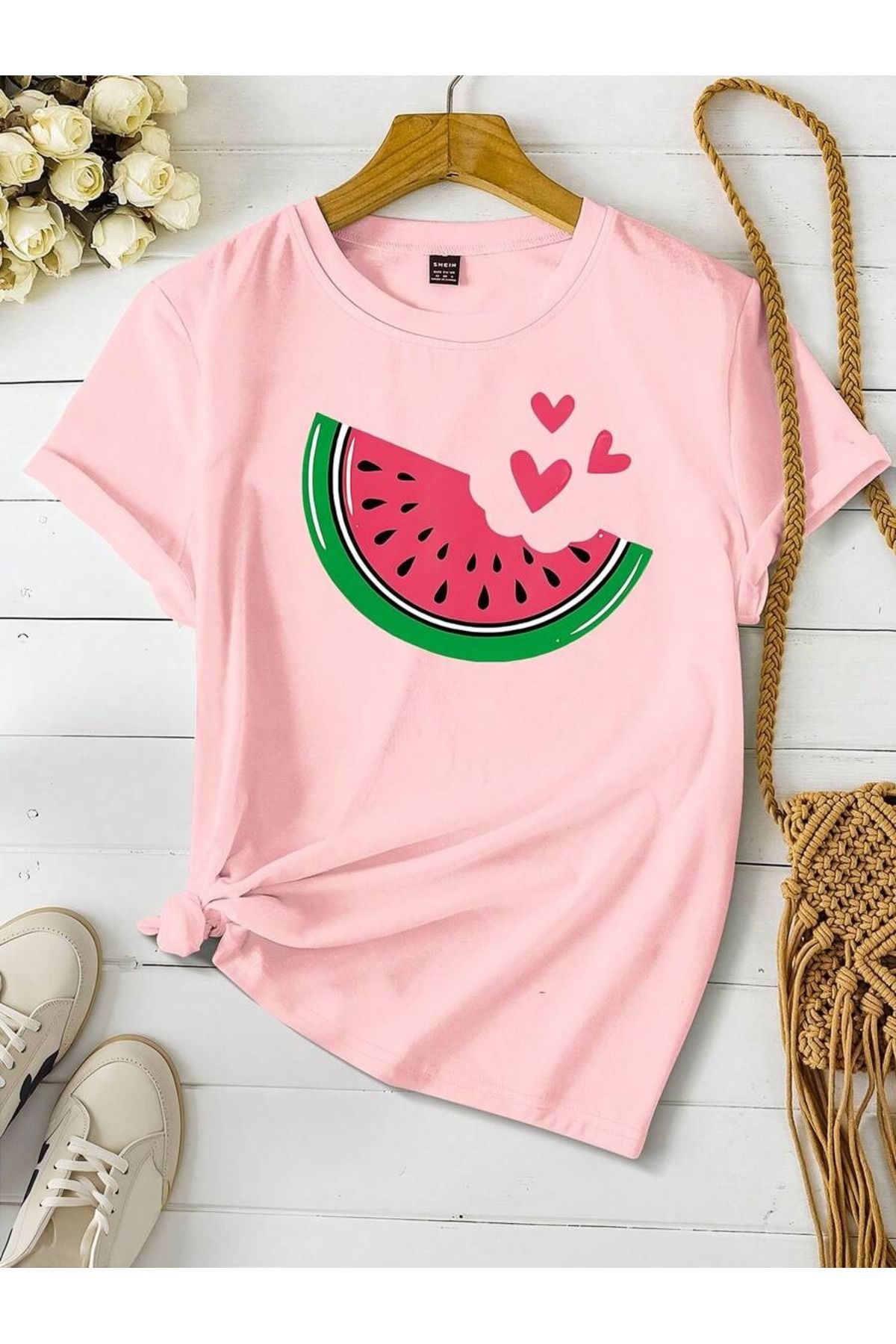 PALPİTO Kadın Pembe Karpuz Baskılı Oversize T-Shirt