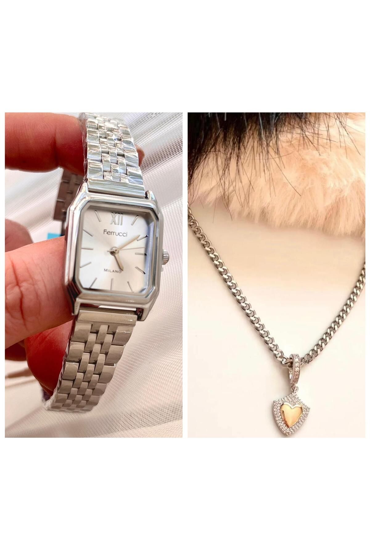 Ferrucci Milano Minimal Kare Kadran Çelik Kadın Kol Saati+Çelik Kolye Hediyeli
