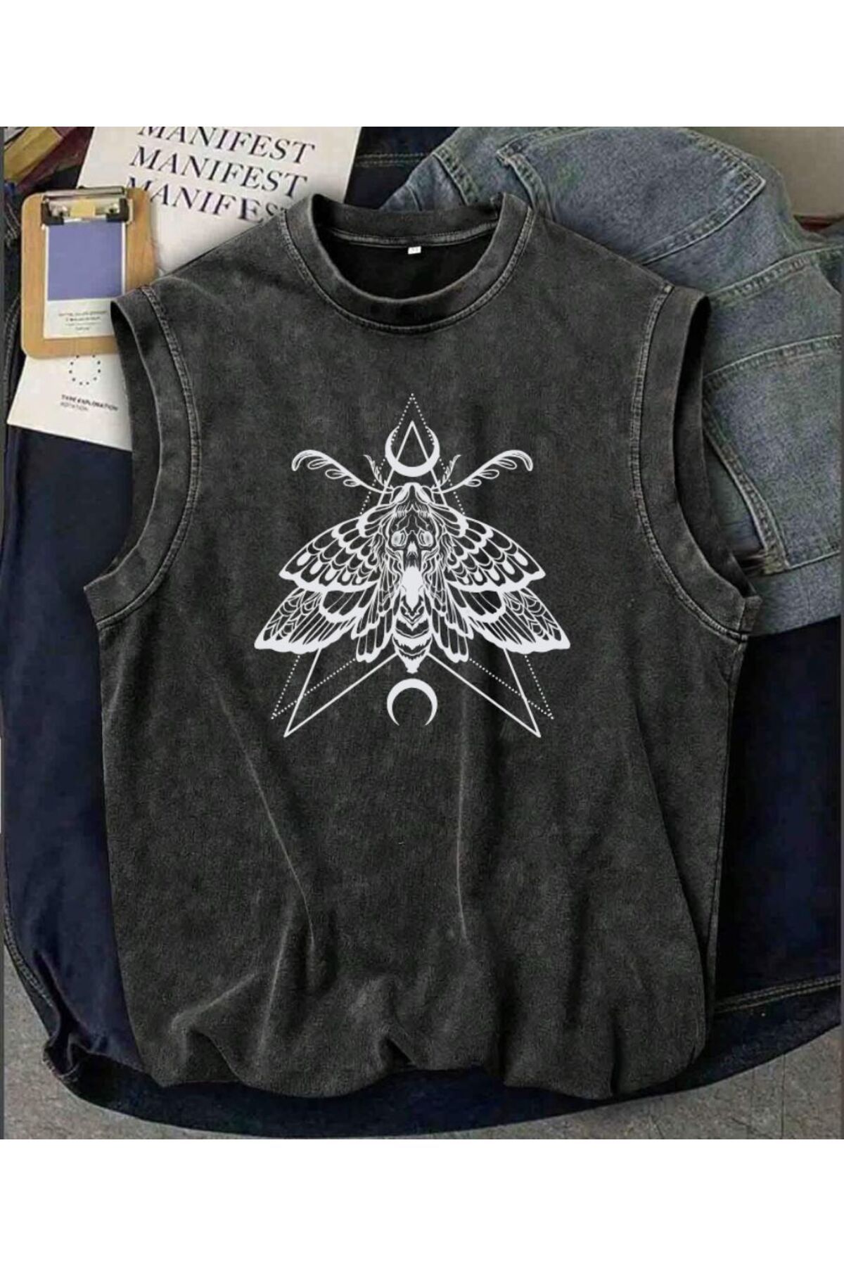 Touz Moda Gothic Figür Atlet Bisiklet Yaka Yıkamalı Vintage Unisex Oversize T-Shirt