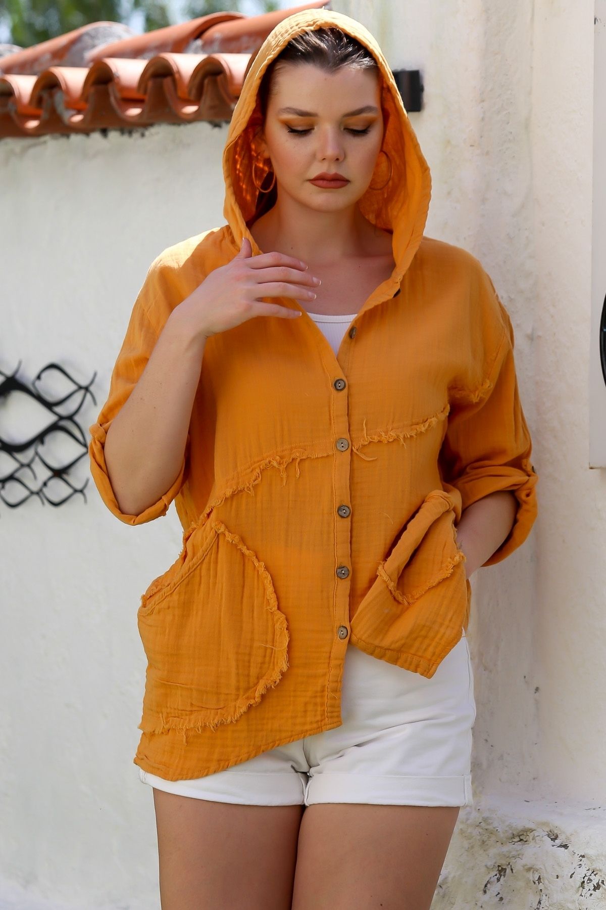Chiccy Koyu Şeftali Kapüşonlu Düğmeli Uzun Kollu Cepli Casual Müslin Oversize Dokuma Ceket 77 70