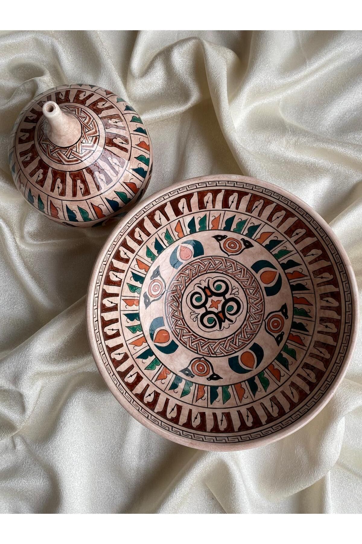 Handmade Etnik Desenli El Yapımı Seramik Büyük Çanak ve Tütsülük Seti – Doğal ve Bohem Dokunuş