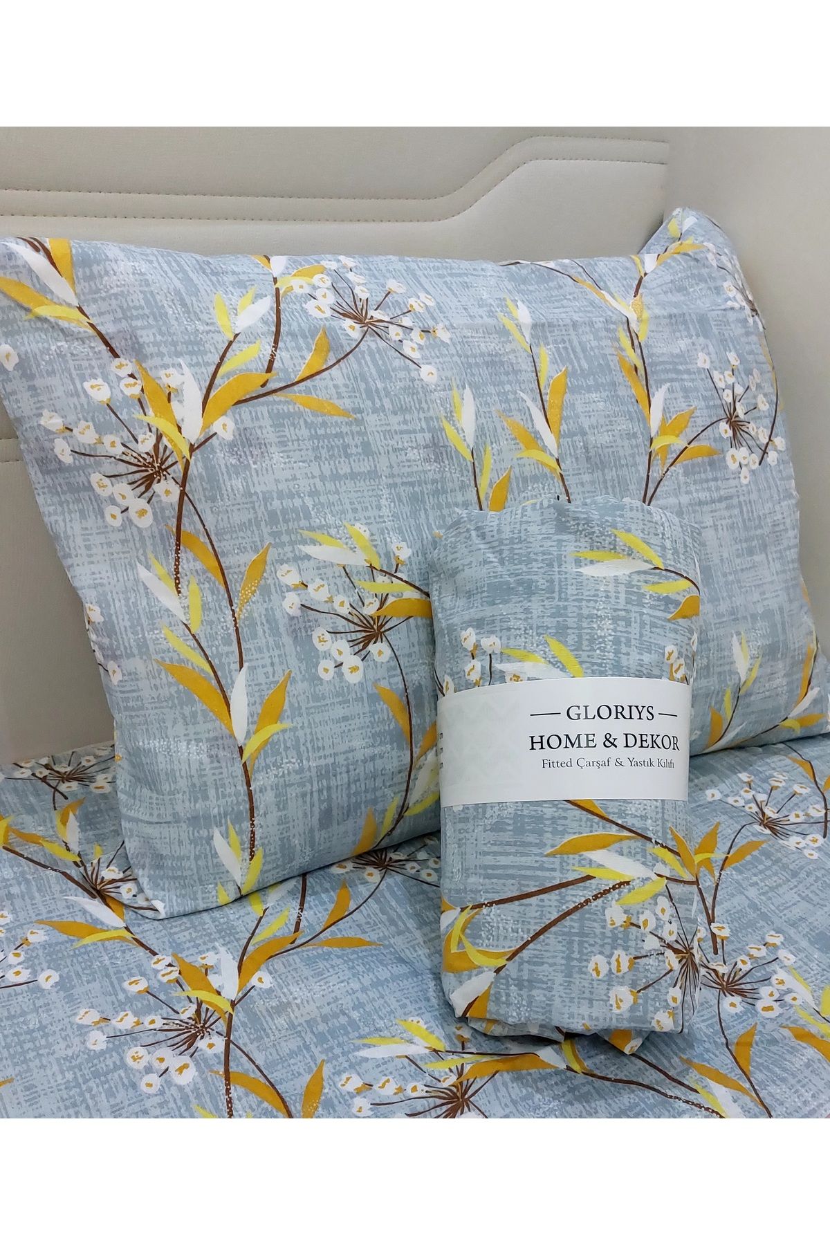 Gloriys Home & Decor Çiçekli sarı lavanta desenli çift kişilik lastikli çarşaf takımı