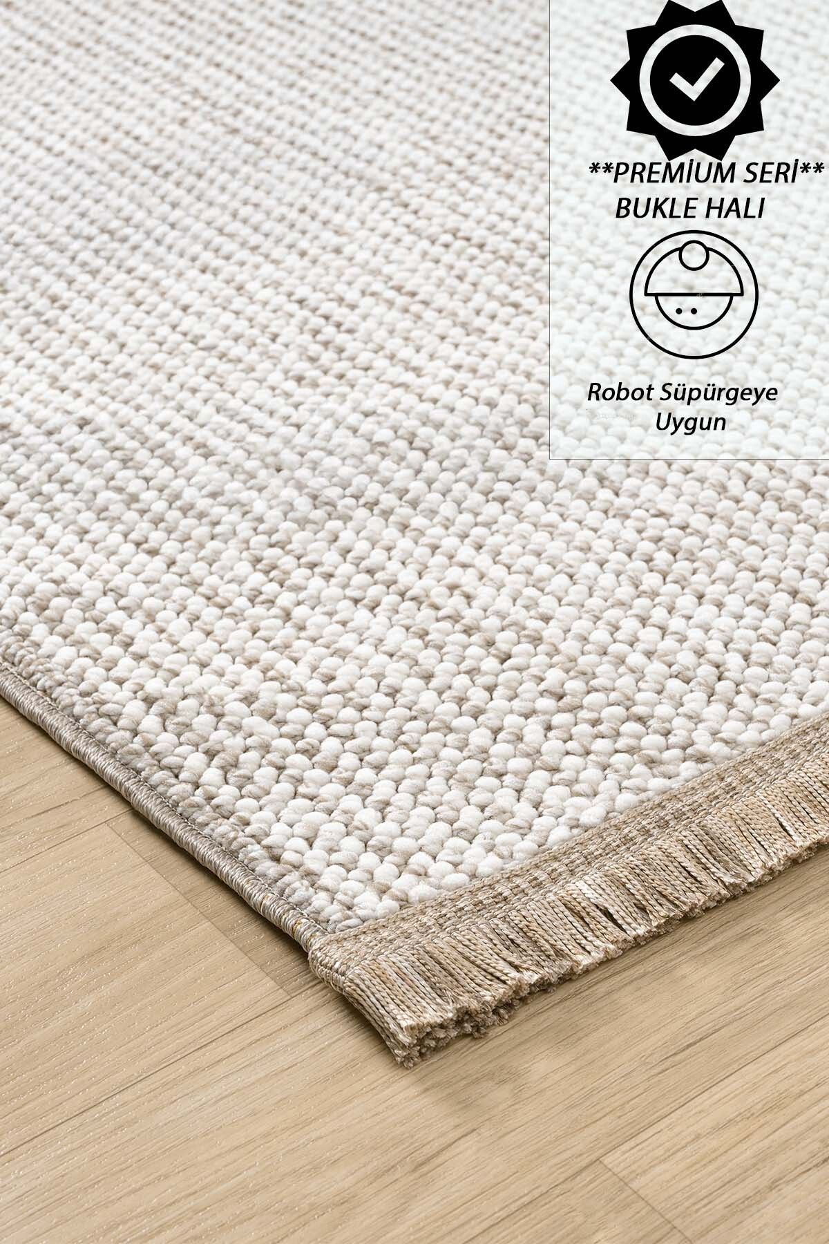 Raschel Carpet Krem Yumuşak Bukleli Loop Dokuma Oturma Odası Salon Halısı Yolluk