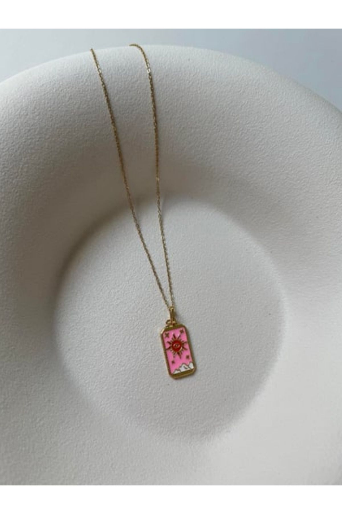 BessyJewelry PEMBE BEYAZ MİNELİ GÜNEŞ TAROT ÇELİK KOLYE