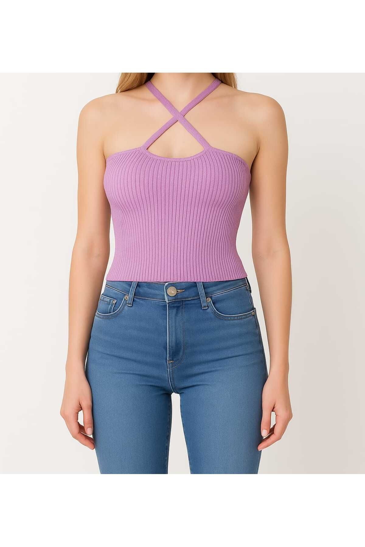 ASEZ BUTİK Asez Butik Çapraz Yaka Siyah Crop Bluz