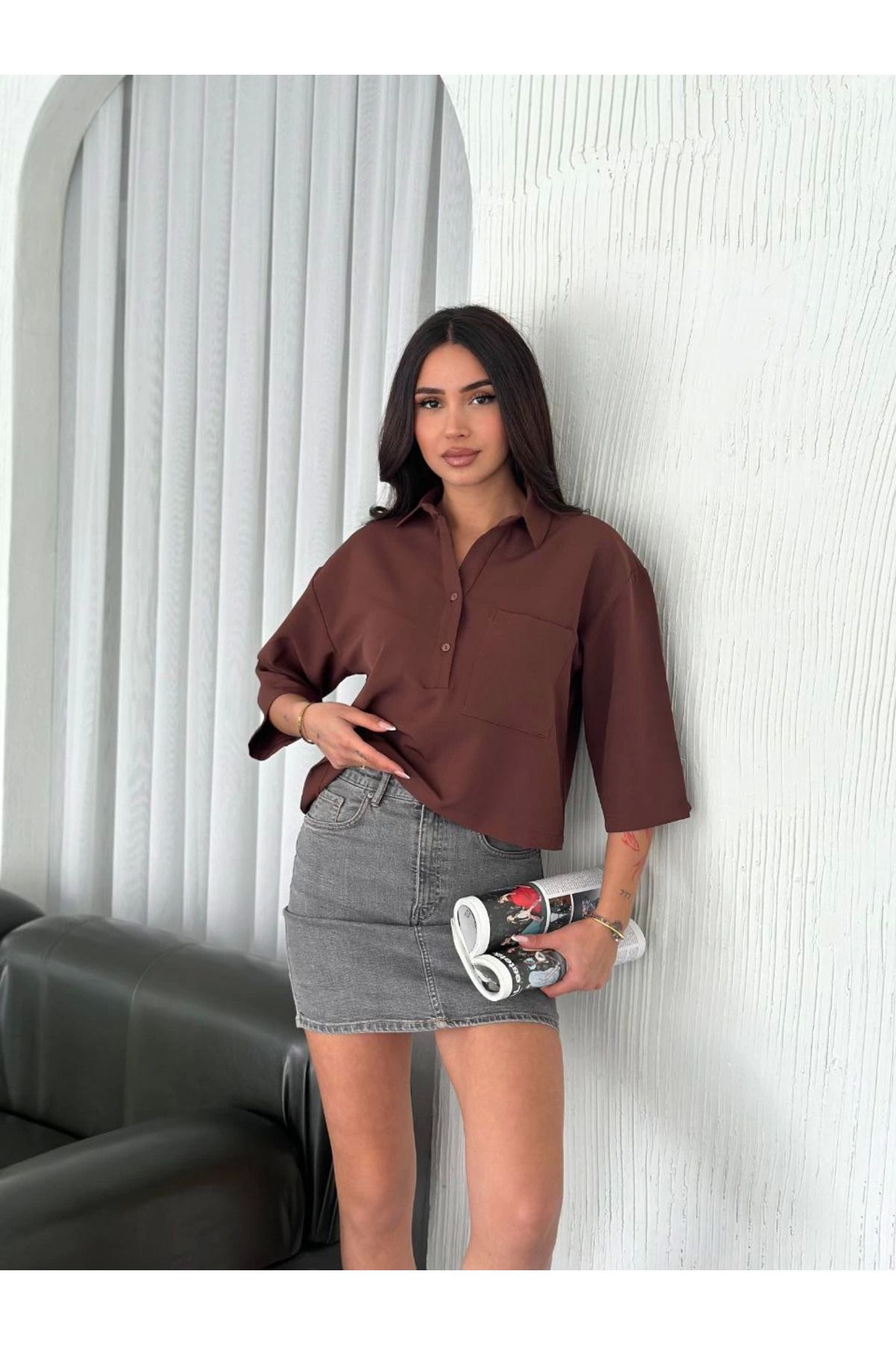 Pink Stil Z Krep Kadın Crop Yakalı Gömlek İlik Düğmeli Üç Çeyrek Sleeve Kol - Kahverengi Pink Stil