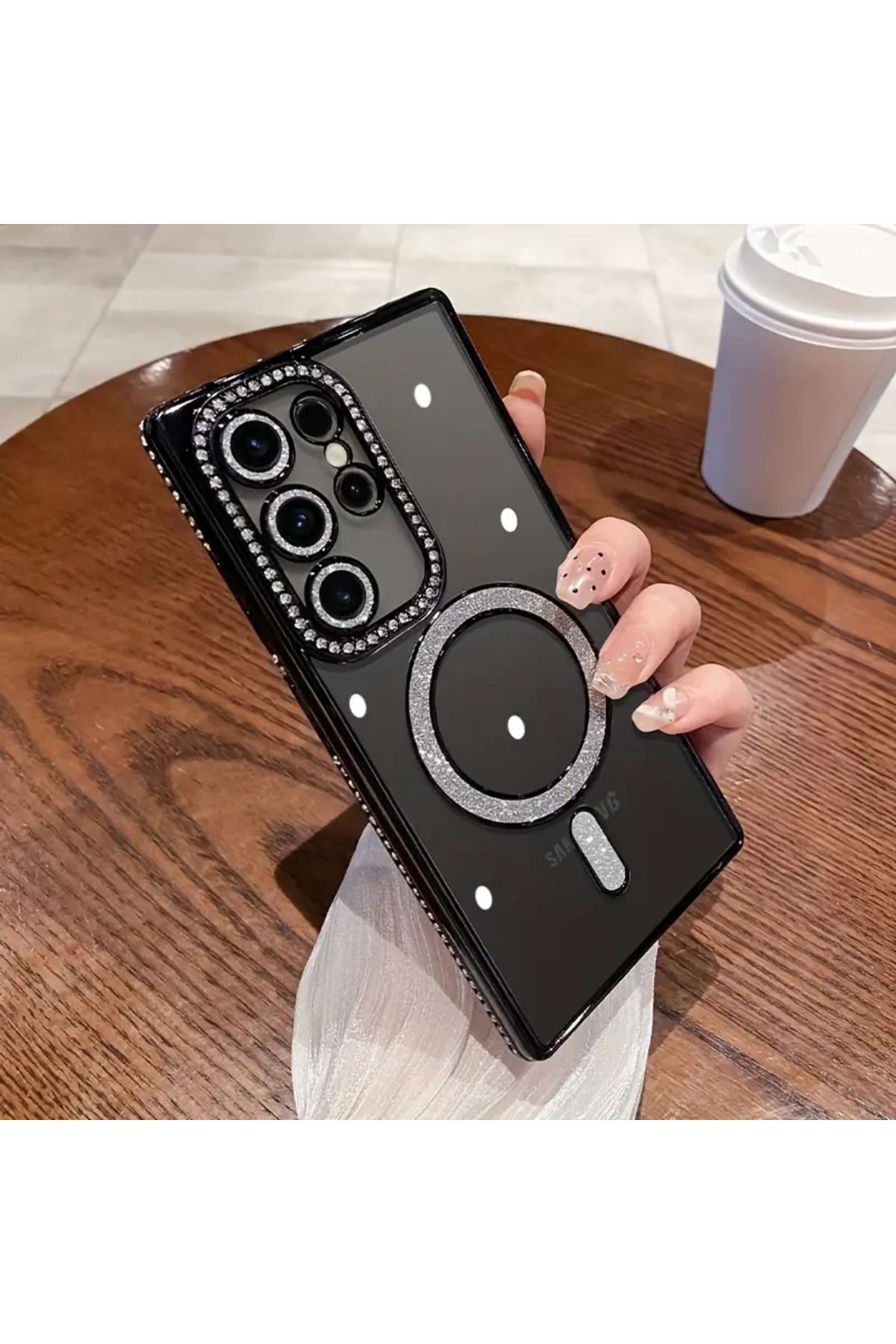 Posso Samsung Galaxy S24 Ultra Kılıf Simli Taşlı Detay Magsafe Kamera Lens Korumalı Işıltılı Silikon Case