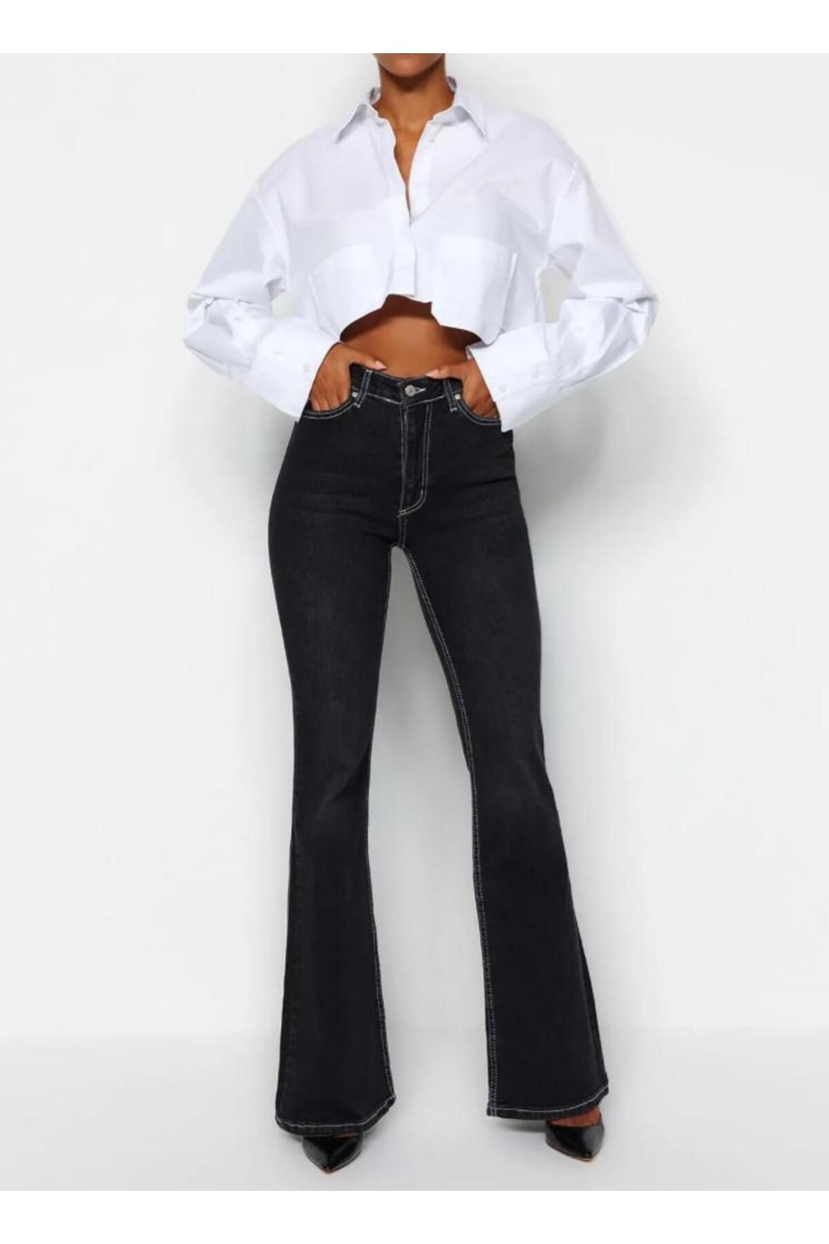 KARACAN COMPANY Kontrast Dikişli Yüksek Bel Flare Jeans