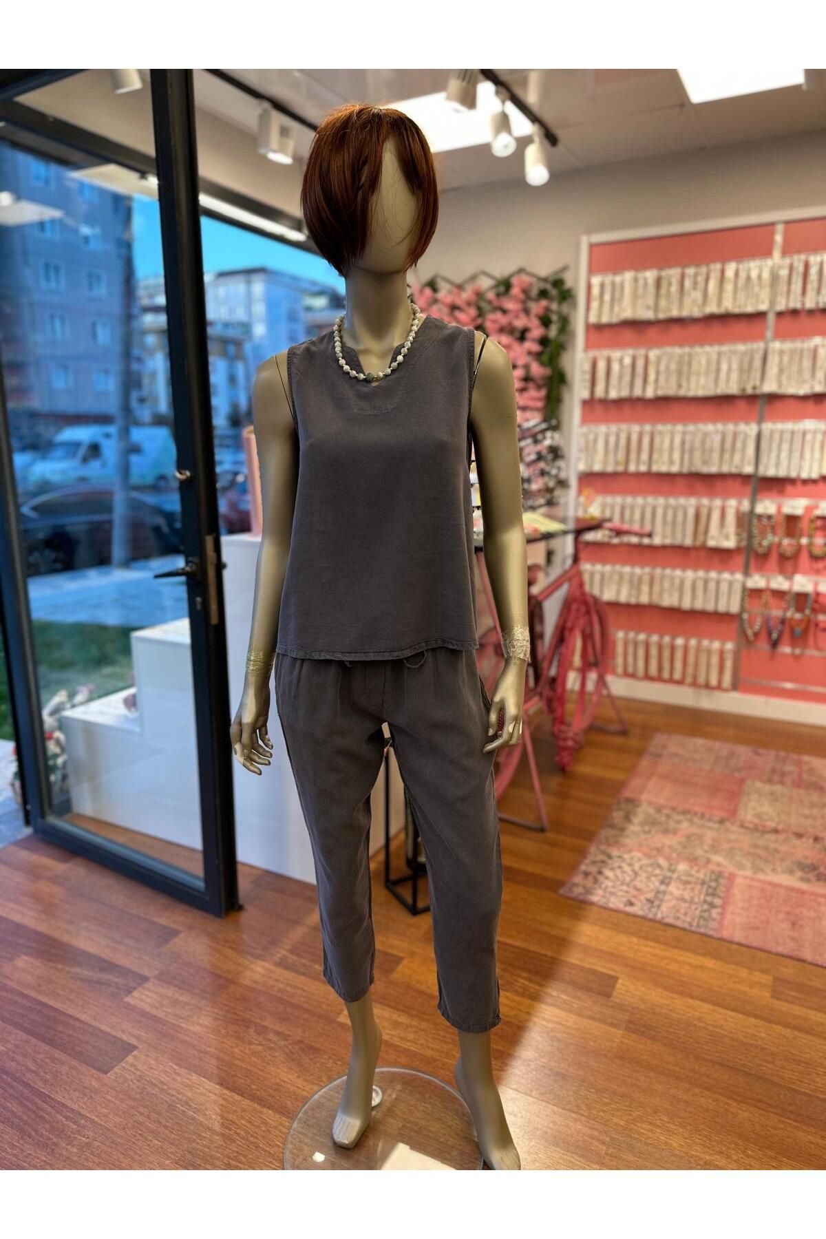 DOLCE QUEEN Kadın Kolsuz Bluz-Pantolon Takım (Tencel)