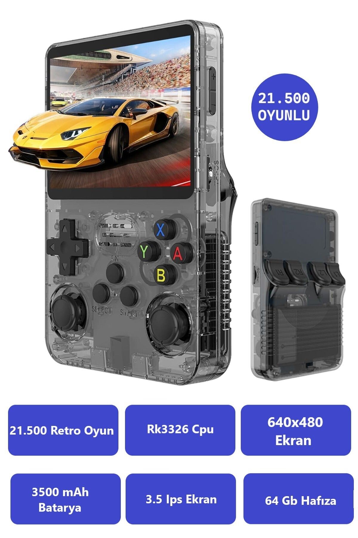ROXİVA R36S İps Ekran/21.500 Oyun/3.500mAh/64Gb Hafıza/3.5 inç Ekran/Retro Atari Gampad Oyun Konsolu
