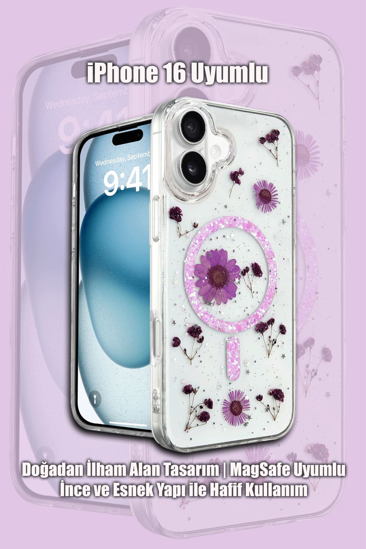 mobrika iPhone 16 Uyumlu Daisy Simli Magsafe Kapak Çiçek Detaylı Şeffaf Telefon Kılıfı