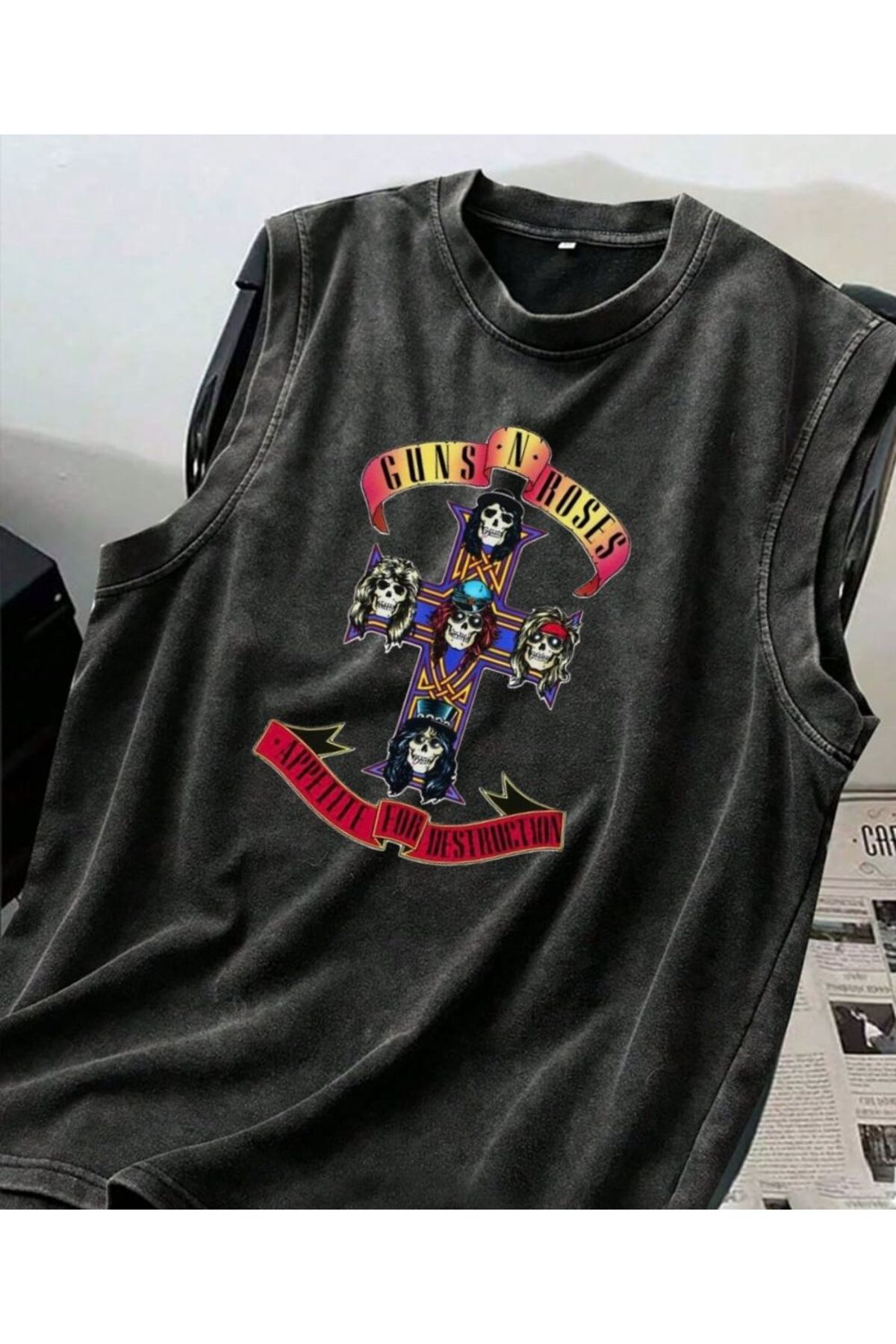 Touz Moda Guns N' Roses Atlet Bisiklet Yaka Yıkamalı Vintage Unisex Oversize T-Shirt