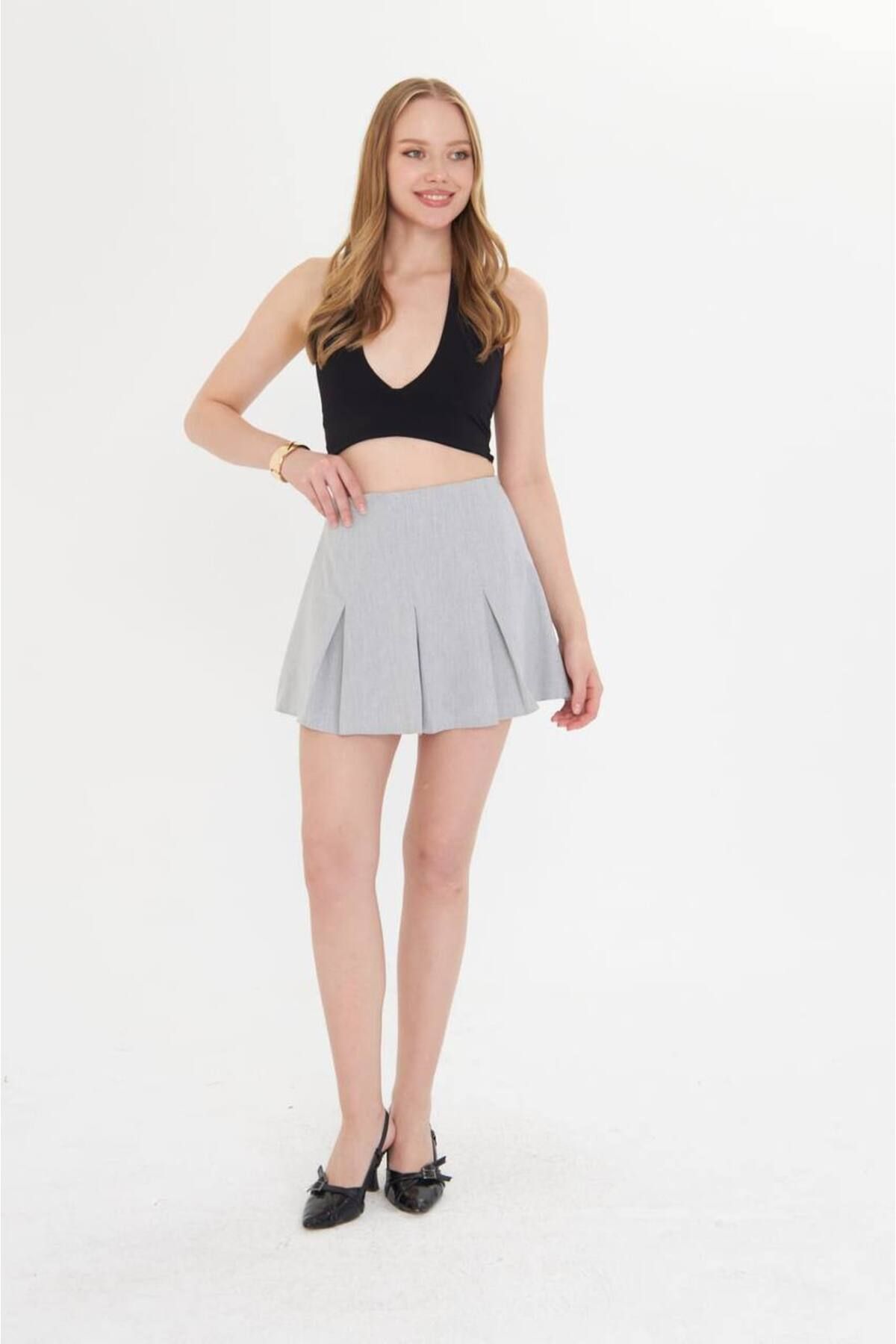 MODA Kadın Pliseli Gizli Şortlu Mini Etek