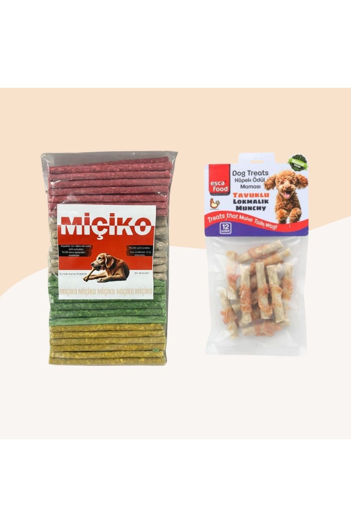 Miçikopet 100Lü Renkli Munchy Köpek Ödülü + Tavuklu Lokmalık Munchy 6cm 12Li