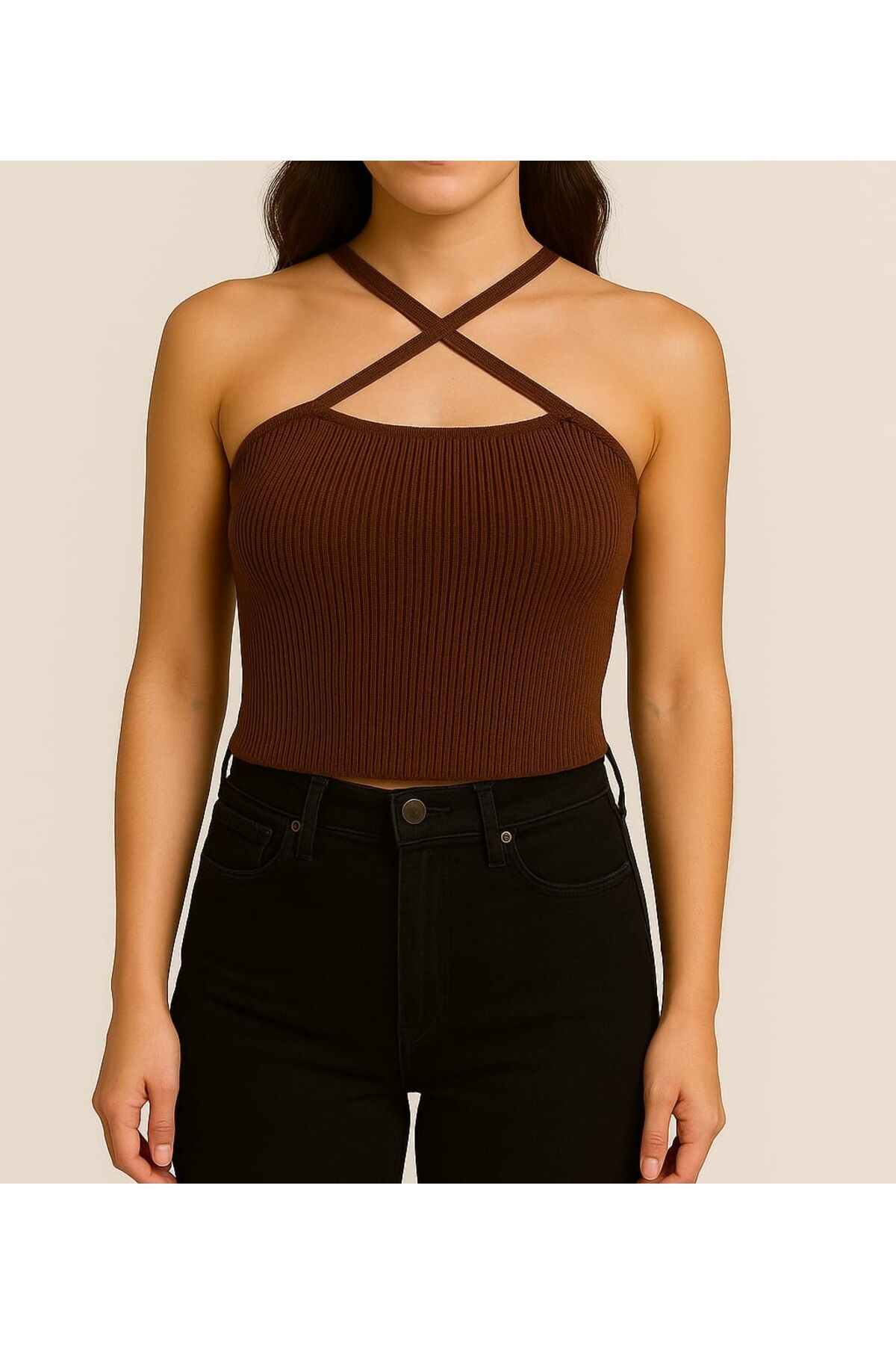 ASEZ BUTİK Asez Butik Çapraz Yaka Siyah Crop Bluz