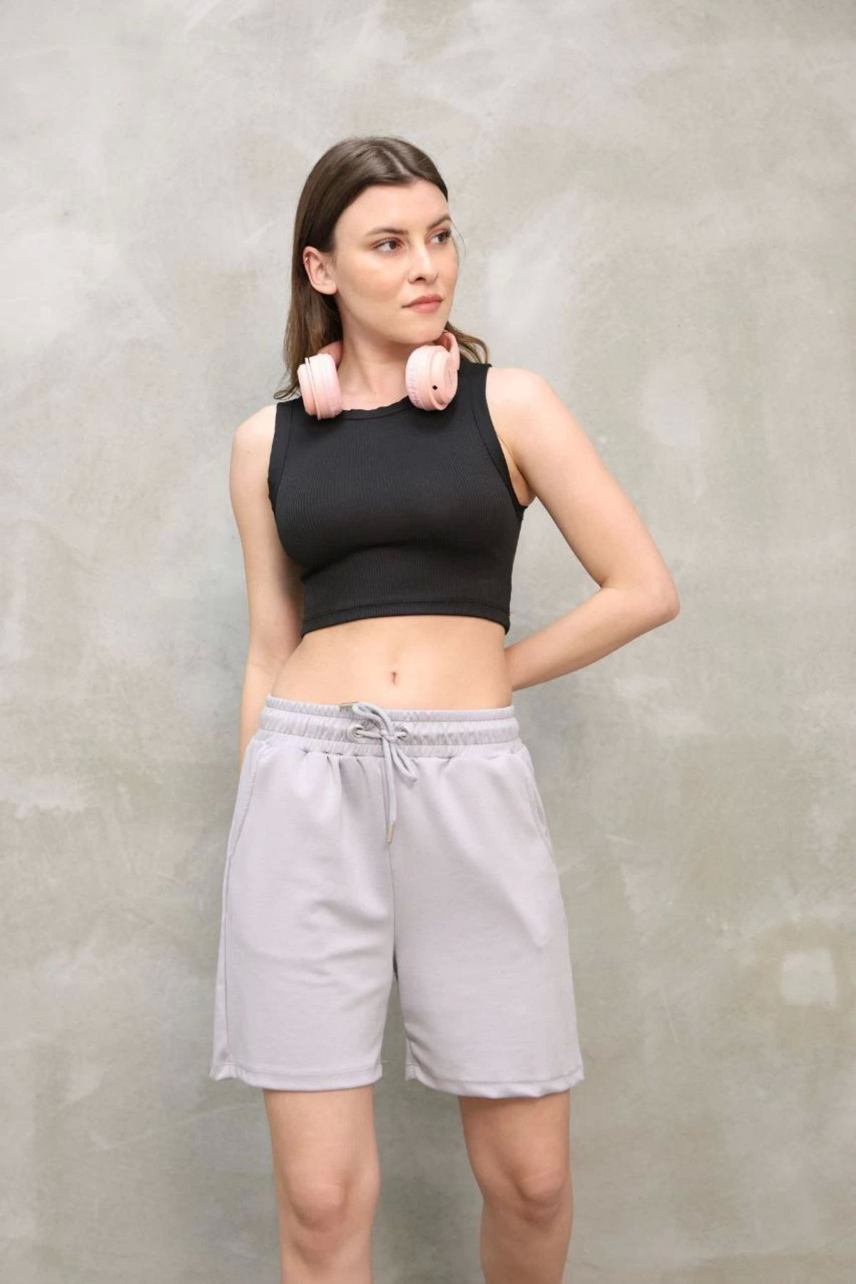 Pink Stil Osy Modal Yumuşak dokulu Kumaş Kadın Kısa Şort - Gri Pink Stil