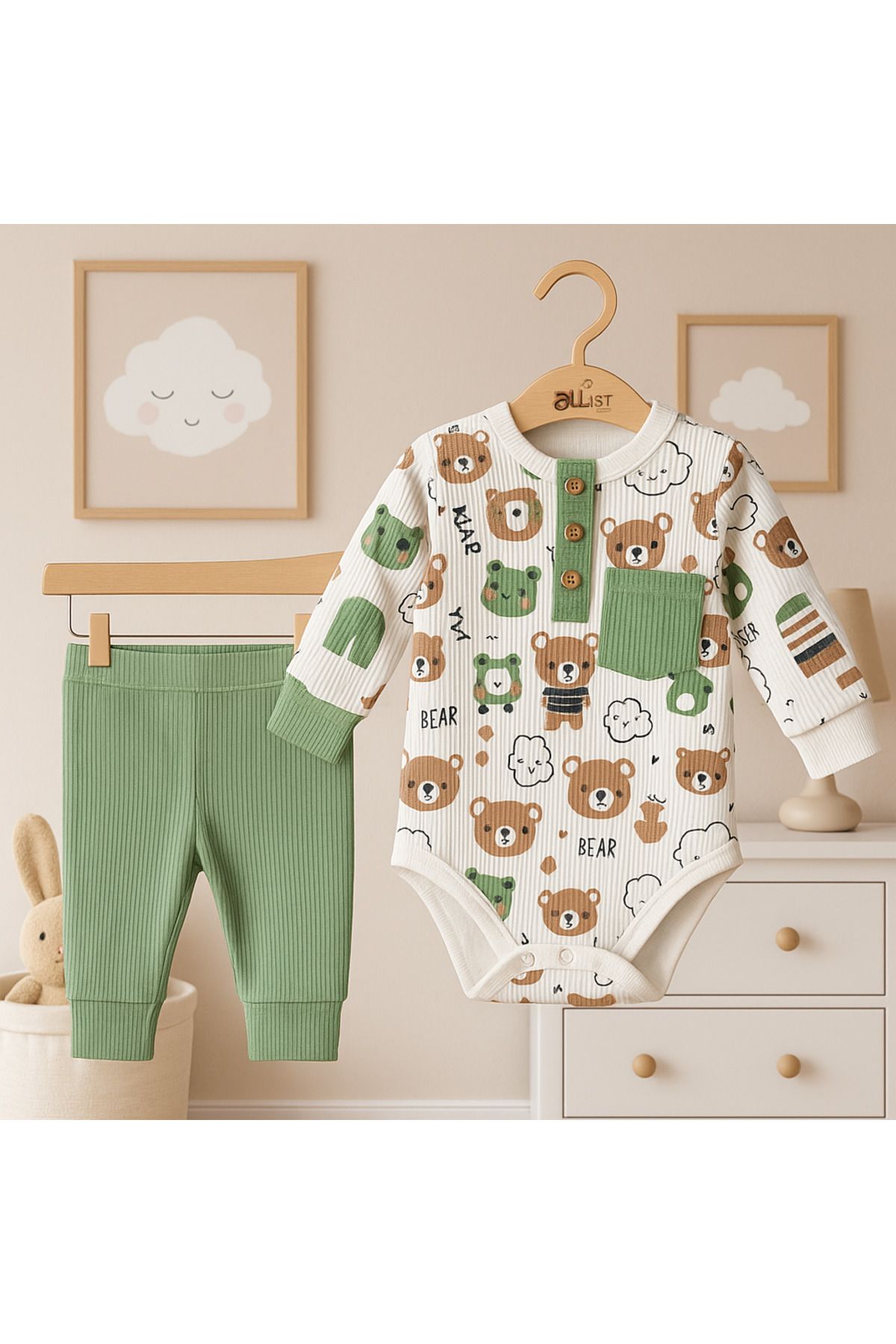 baby bear BabyBear Organik Pamuklu Erkek Bebek Tulum ve Pantolon Takımı - Yeşil/Beyaz