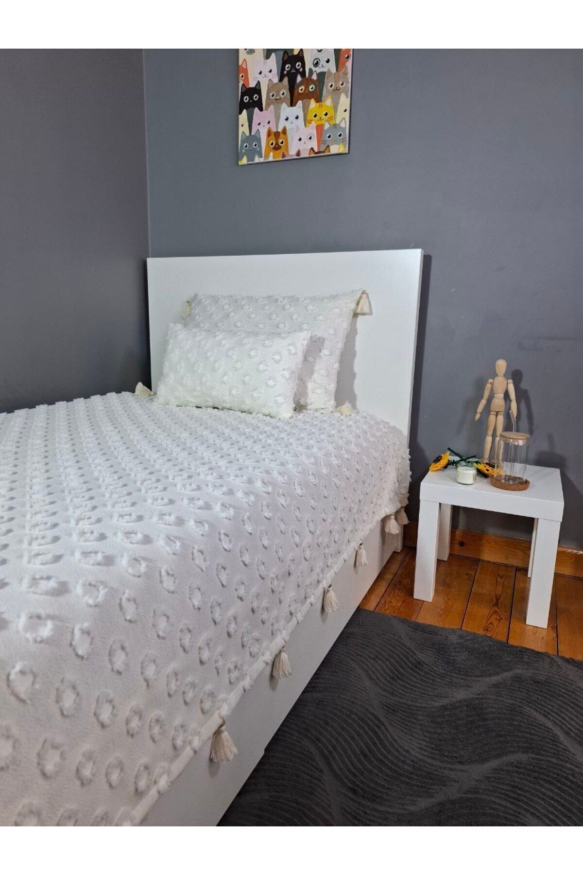 ARVA Home Tek Kişilik İncili Püsküllü Pike Yatak Örtüsü 170x230 Yastık 50x70