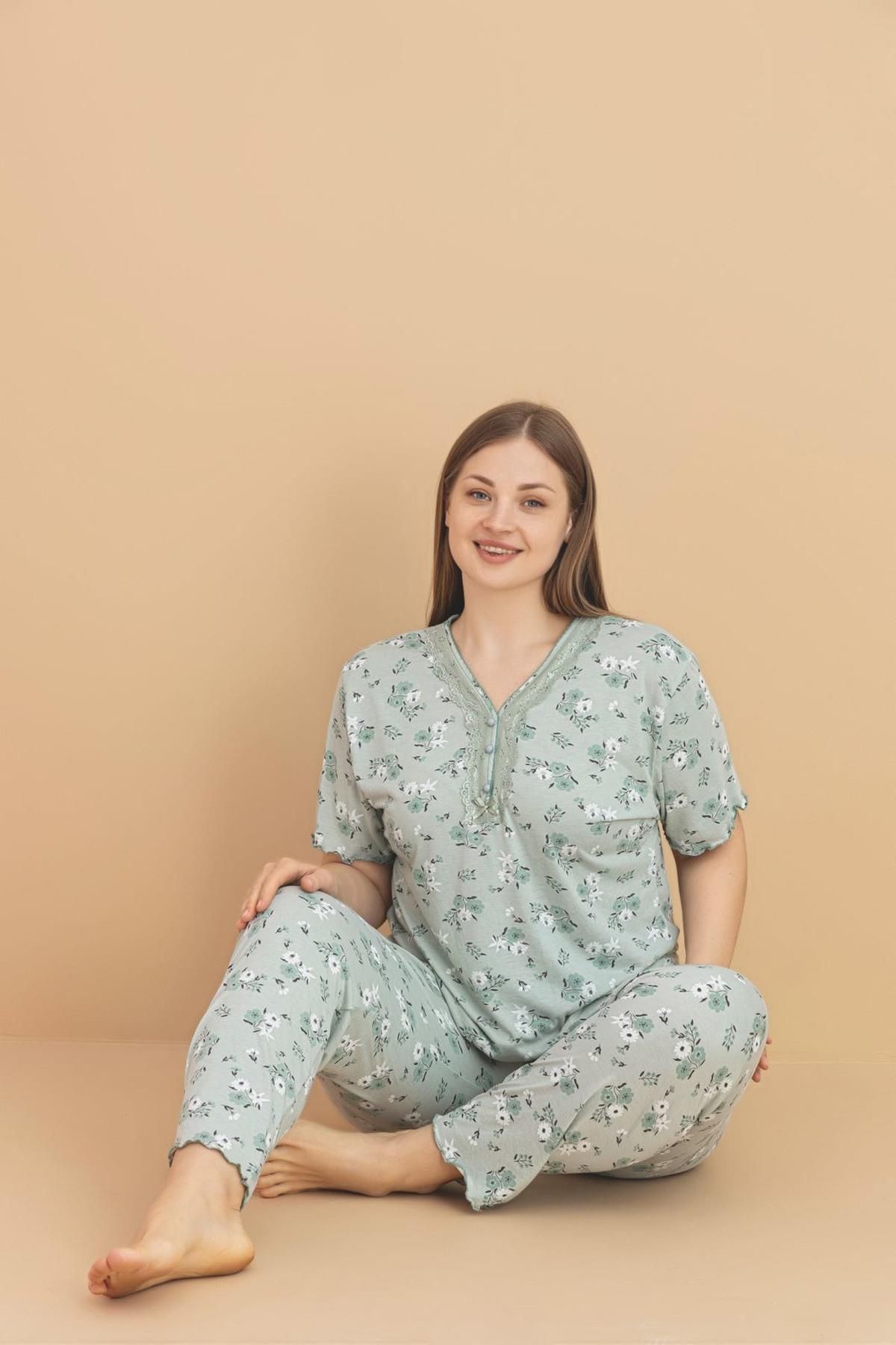 PİJAMERRY Pijamerry Kadın Büyük Beden Dantel Yaka Bambu Kısa Kol İnce Pijama Takımı 5930 - 1 Adet