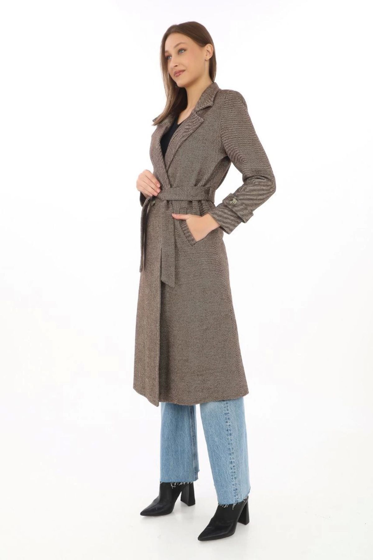Pink Stil Kadın Astarlı Balık Sırtı Kaşmir Kaşe Kaban - Vizon Pink Stil
