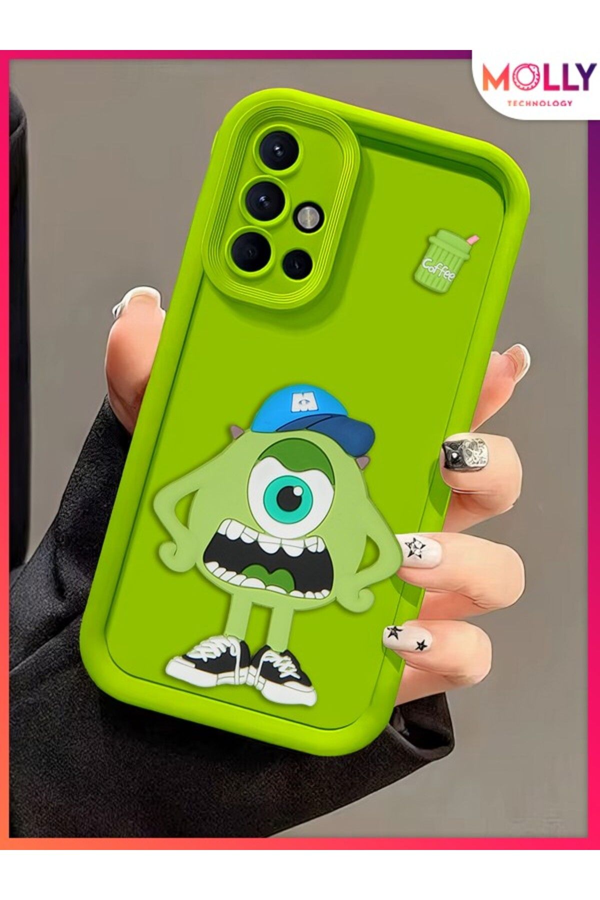 Molly Samsung Galaxy A71 İçin Yeşil Kenarları Kalın 3d Kabartmalı Sevimli Canavar Mike Silikon Kılıf