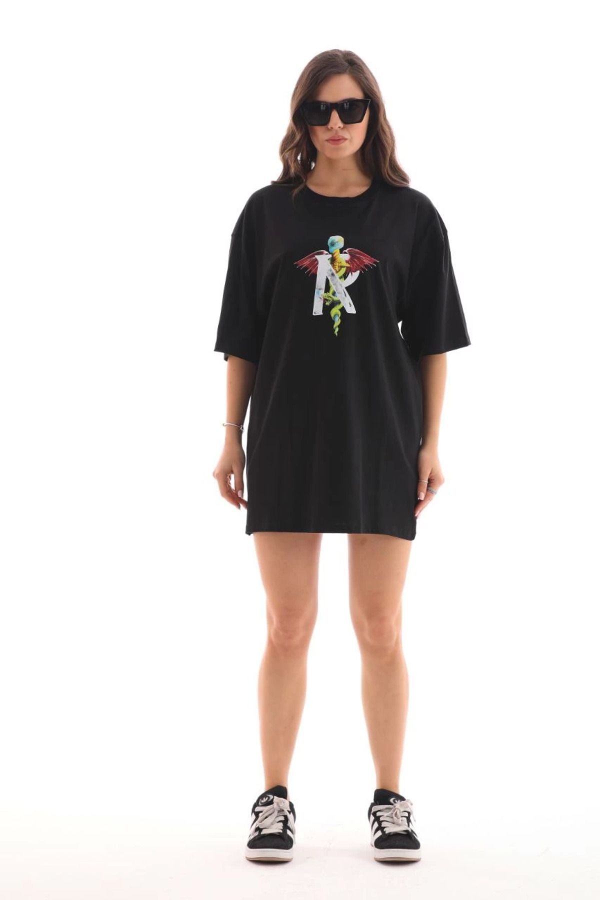 Vemora Unisex Bisiklet Yaka Baskılı Oversize T-Shirt - Siyah