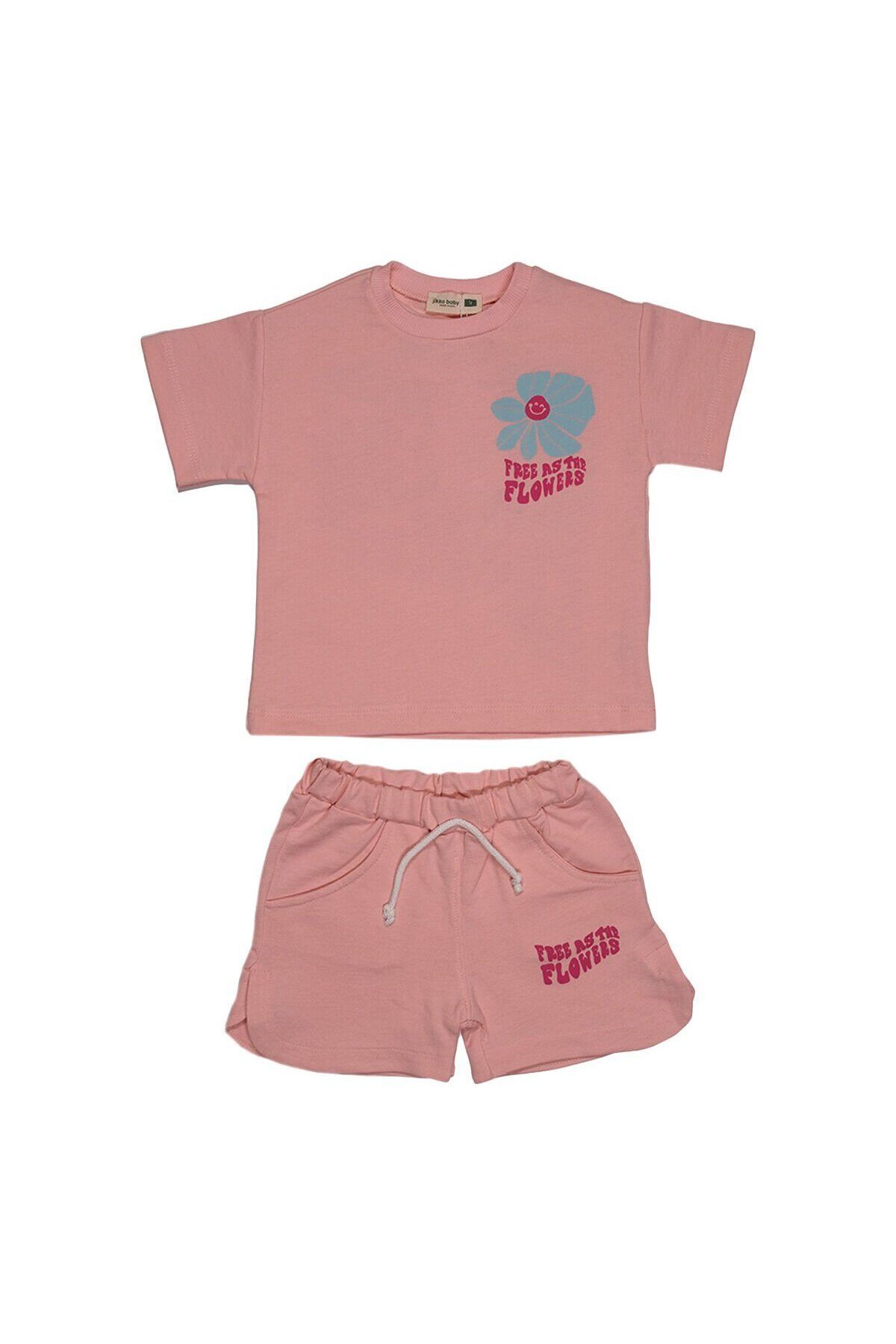 Jikko Baby ''Free as The Flowers'' Kız Bebek Takım - Sırtı Baskılı Kısa Kollu Tişört ve Şort