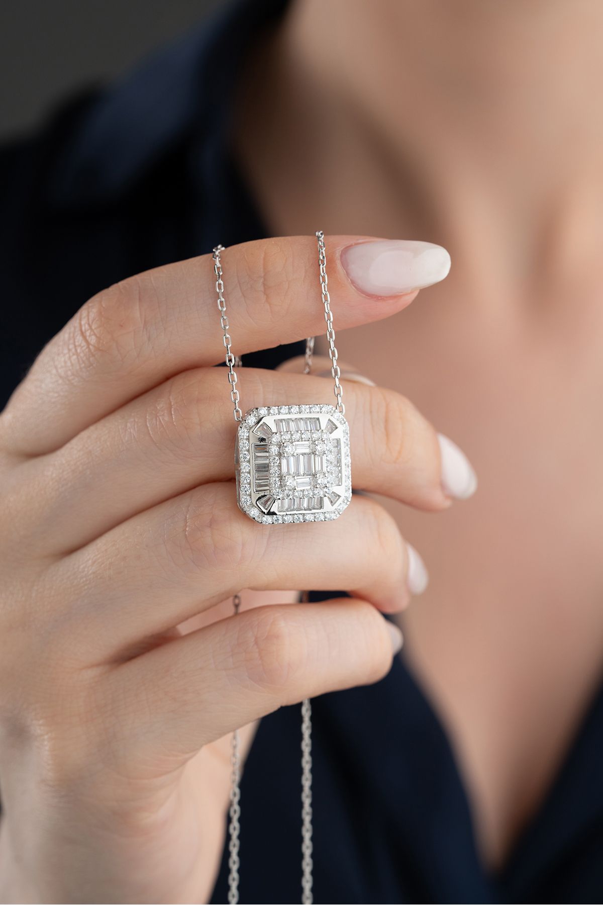 Silvano Jewelry 925 Ayar Gümüş Baget Taşlı Pırlanta Montür Kolye