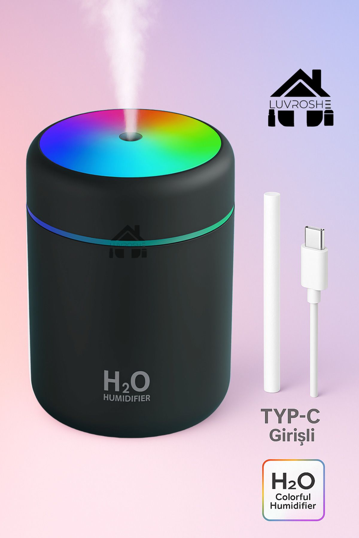 H2o YENİ TYPE-C girişli 300 Ml Ultrasonik Hava Nemlendirici Buhar Makinesi Ve Aroma Difüzörü H2O