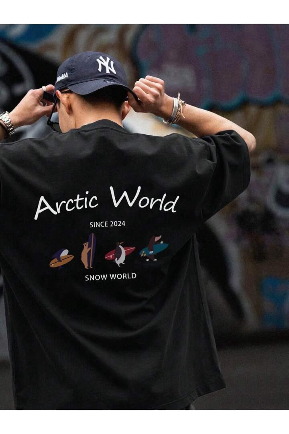 MANCY Unisex Siyah Arctic World Baskılı Oversize %100 Pamuk T-shirt