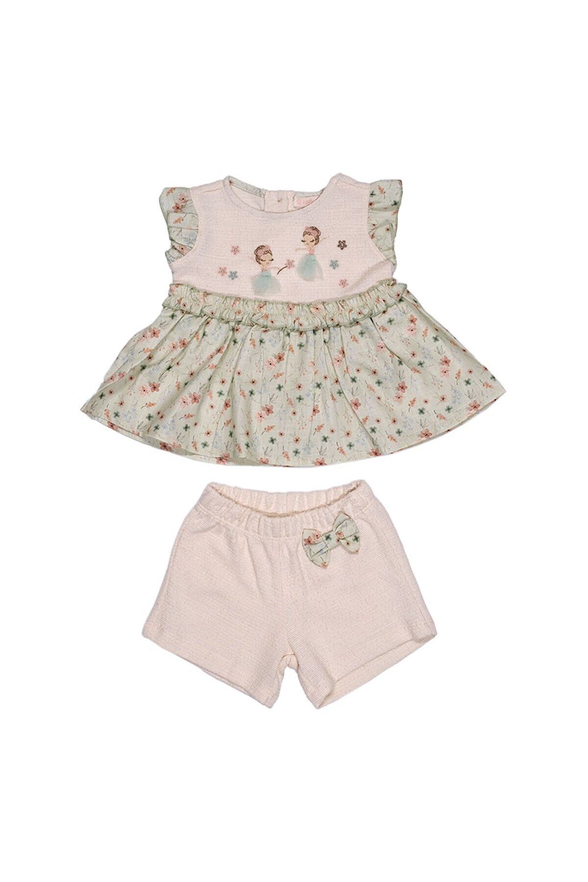 Baby Rose Balerin Nakışlı Kız Bebek Takım-Fırfır Kollu Nakışlı Üst ve Fiyonklu Şort