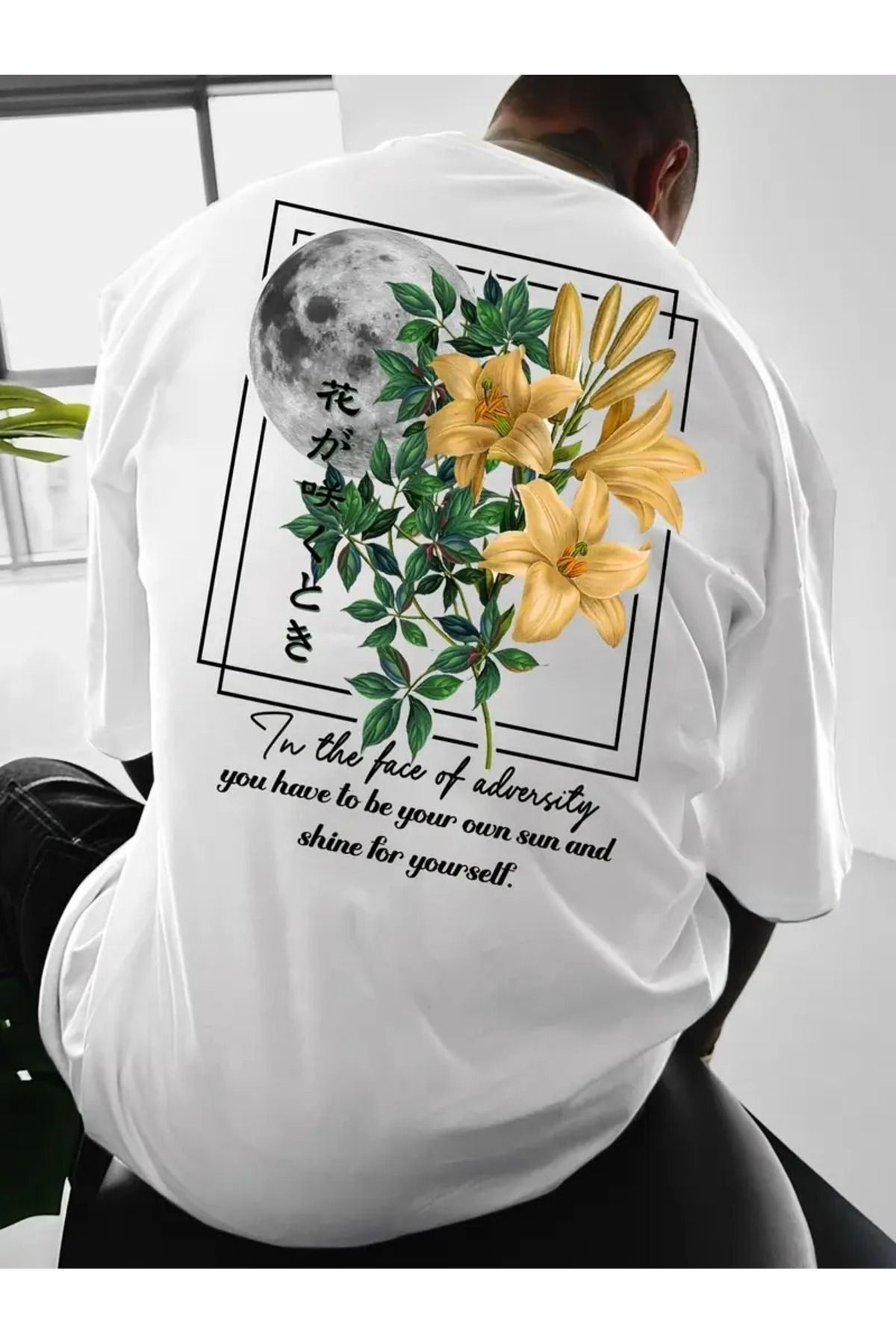 MANCY Unisex Gezegen Çiçek Baskılı Oversize %100 Pamuk T-shirt