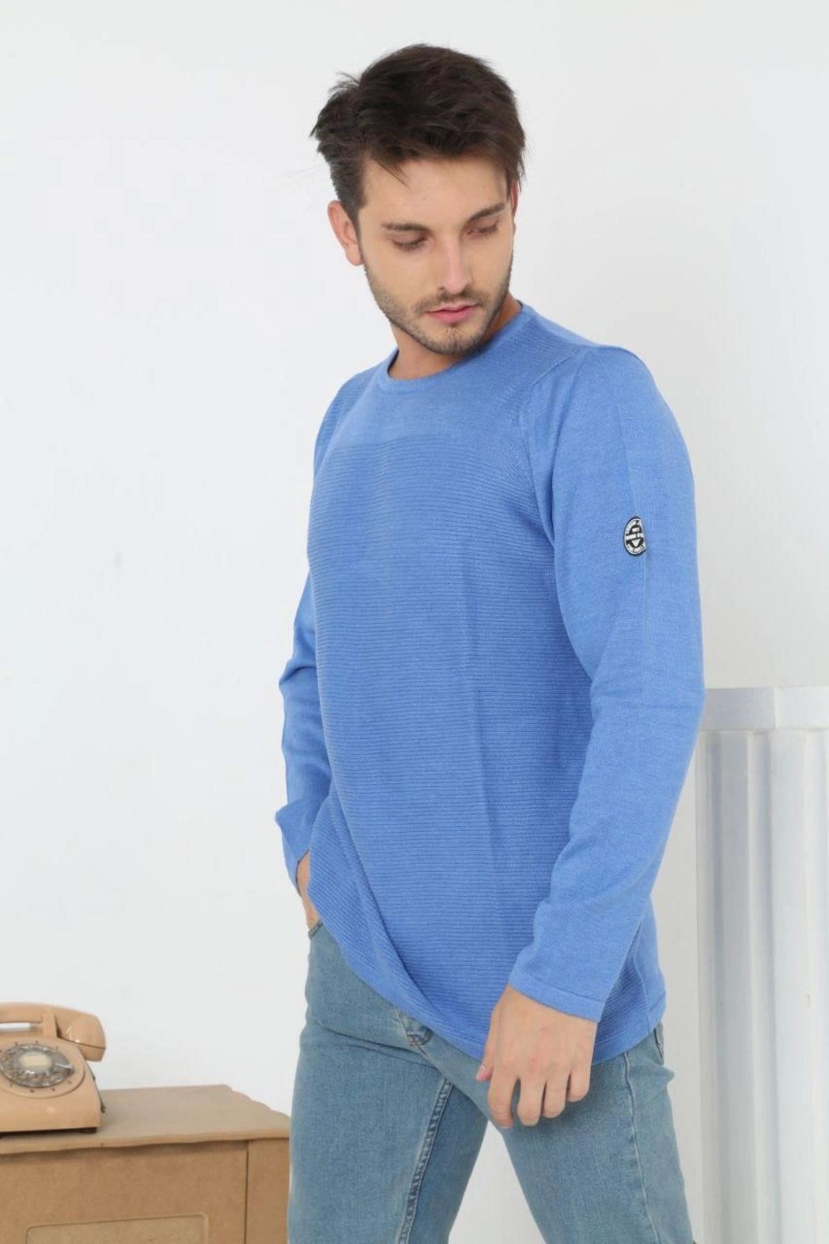 Pink Stil Erkek Biskilet Yaka Kolu Armalı - Mavi Pink Stil