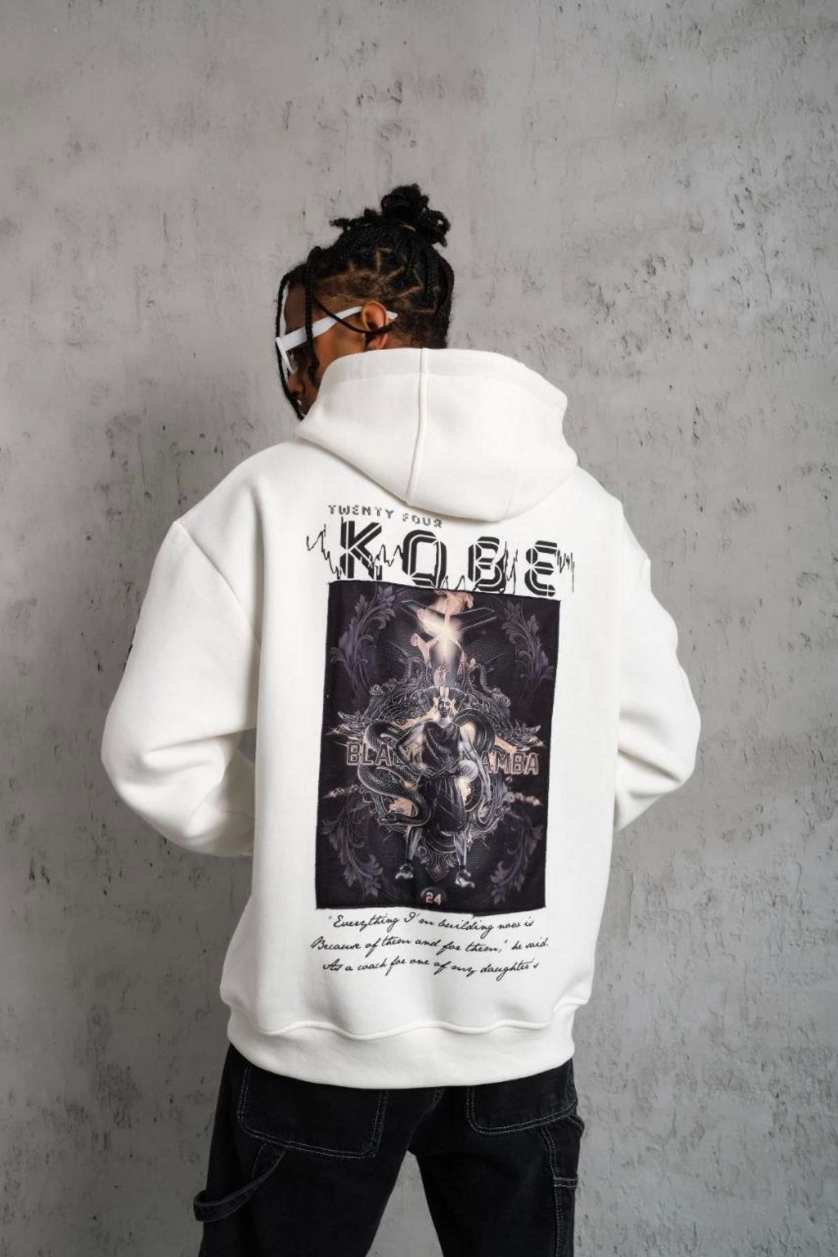 Pink Stil Erkek Baskılı Kapüşonlu Sweat - Beyaz Pink Stil