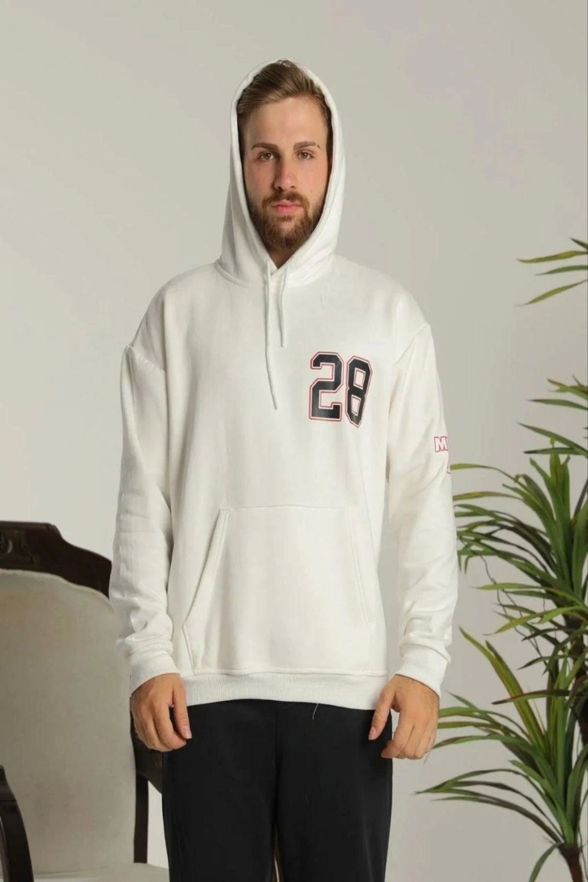 Pink Stil Erkek Sırt Baskılı Oversize Üç İplik Kapüşonlu Sweatshirt - Beyaz Pink Stil