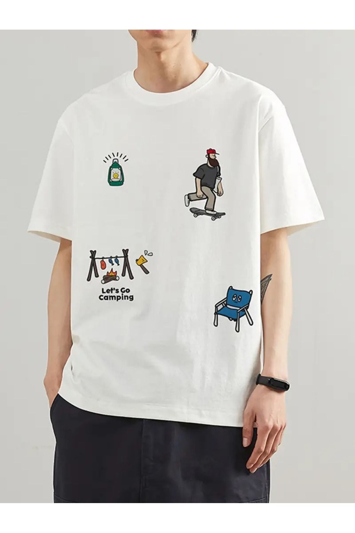 MANCY Unisex Go Camping Baskılı Oversize %100 Pamuk T-shirt