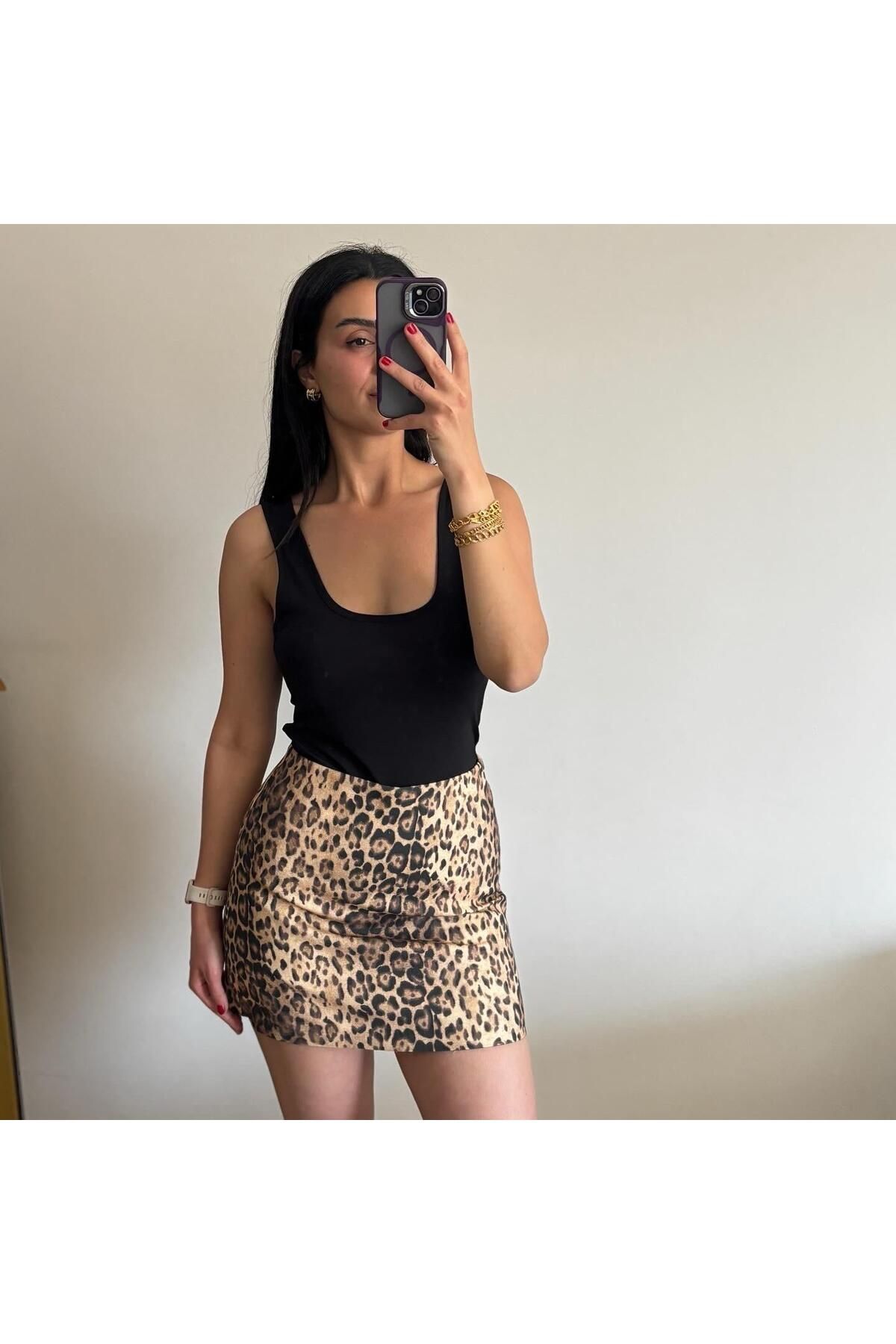 Girls House Kadın Leopar Desen Kot Etek