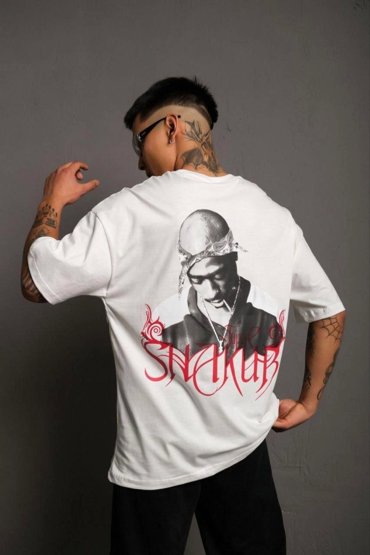 Pink Stil Erkek Sırt Baskılı Oversize T-Shirt - Beyaz Pink Stil