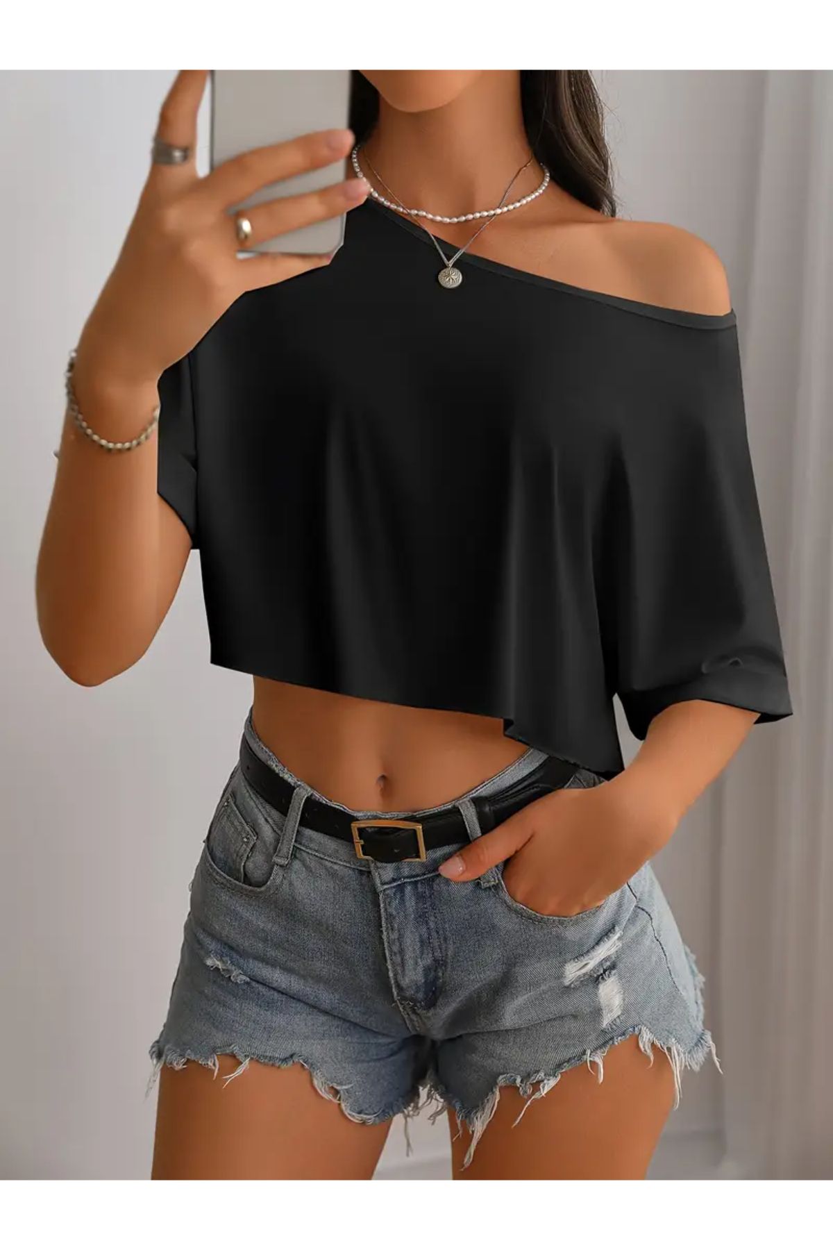 MANCY Kadın Düşük Omuz Kayık Yaka T-shirt Crop