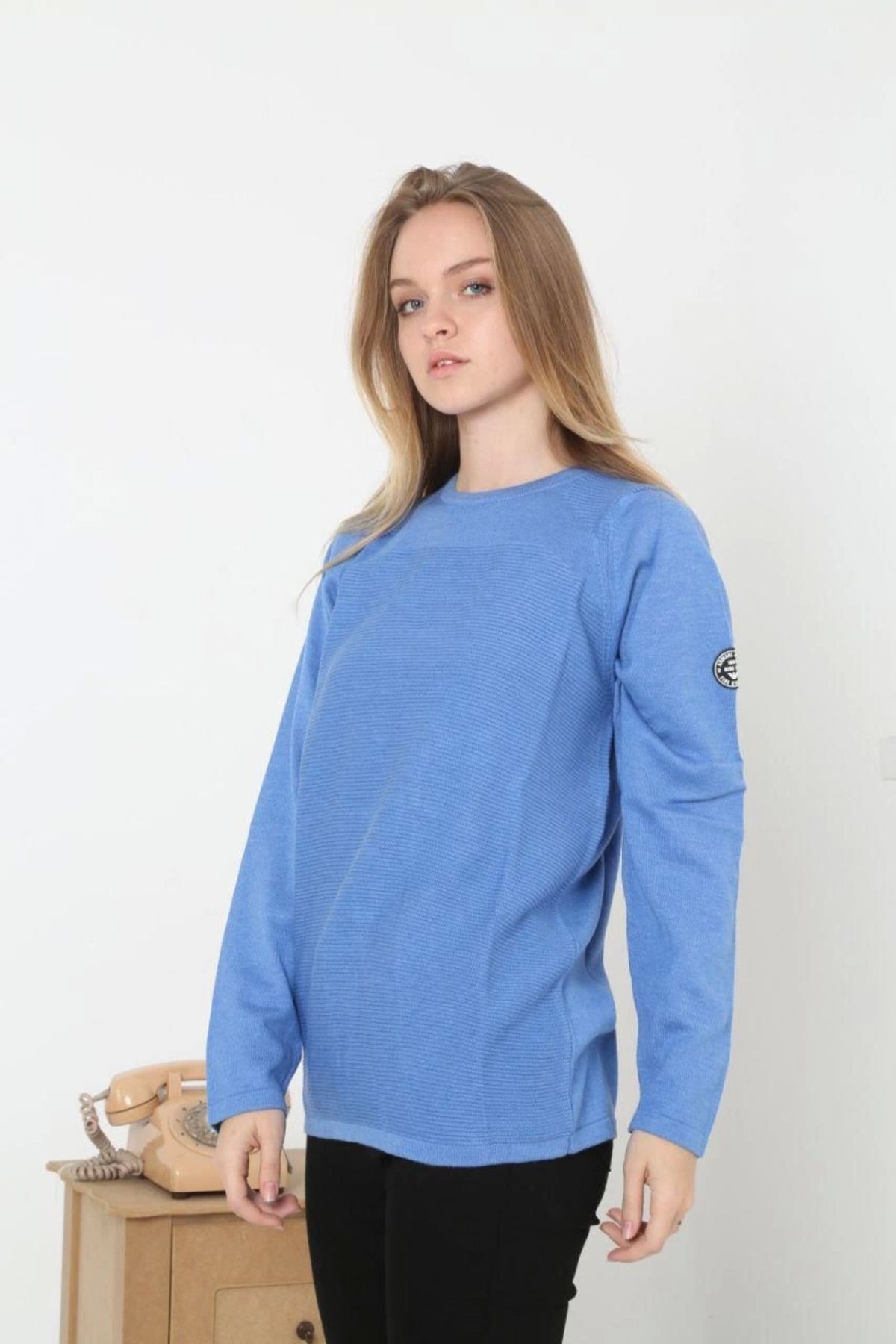 Pink Stil Kadın Biskilet Yaka Kolu Armalı - Mavi Pink Stil